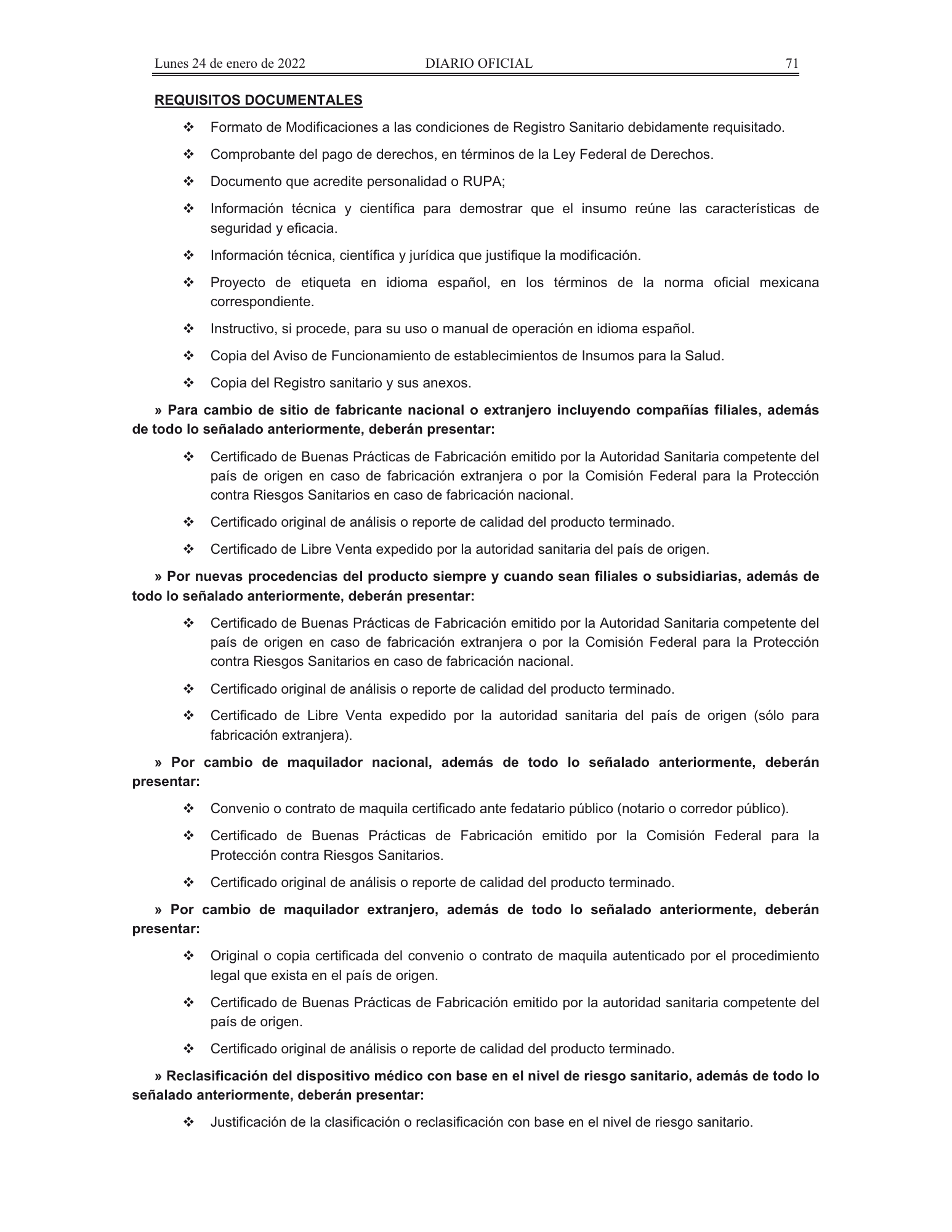 COFEPRIS procedures/forms amendment, DOF 24 January 2022 — original physical PDF page 36; complete page image is authoritative.