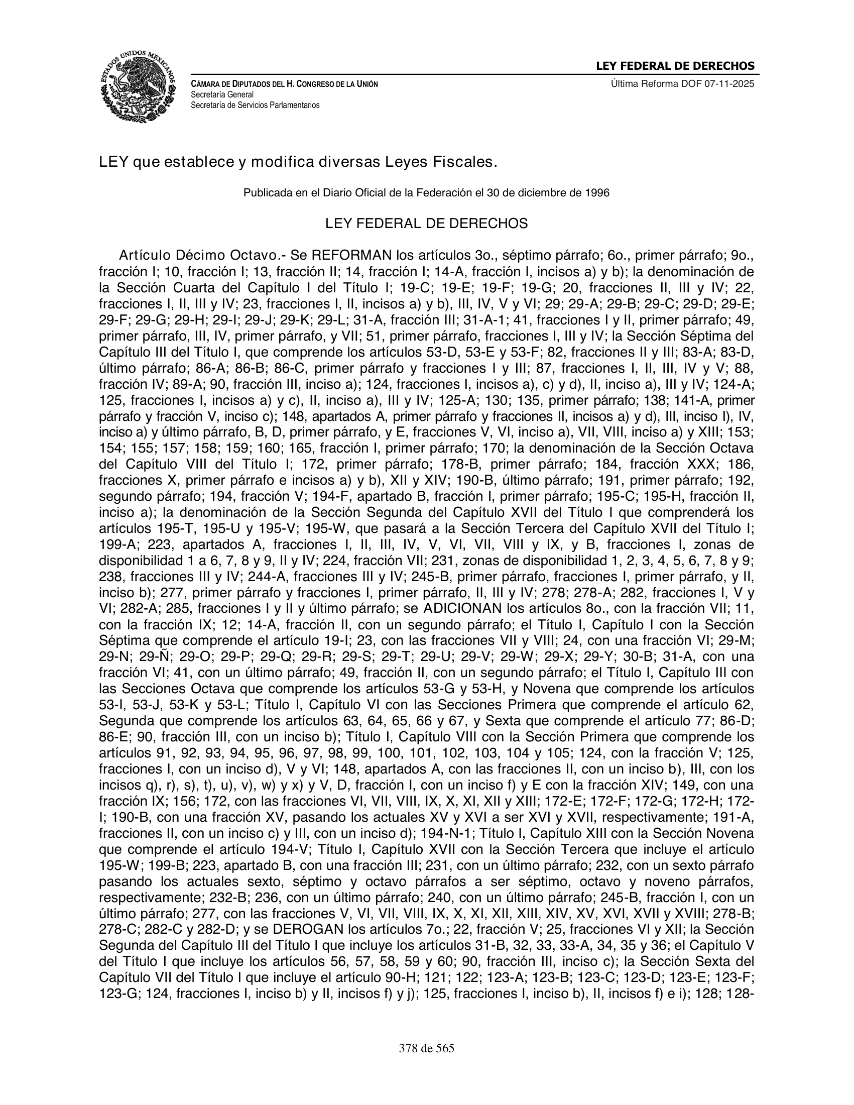 Ley Federal de Derechos — official Chamber compilation — original physical page 378 of 565; complete original page image governs, native search text may be incomplete.