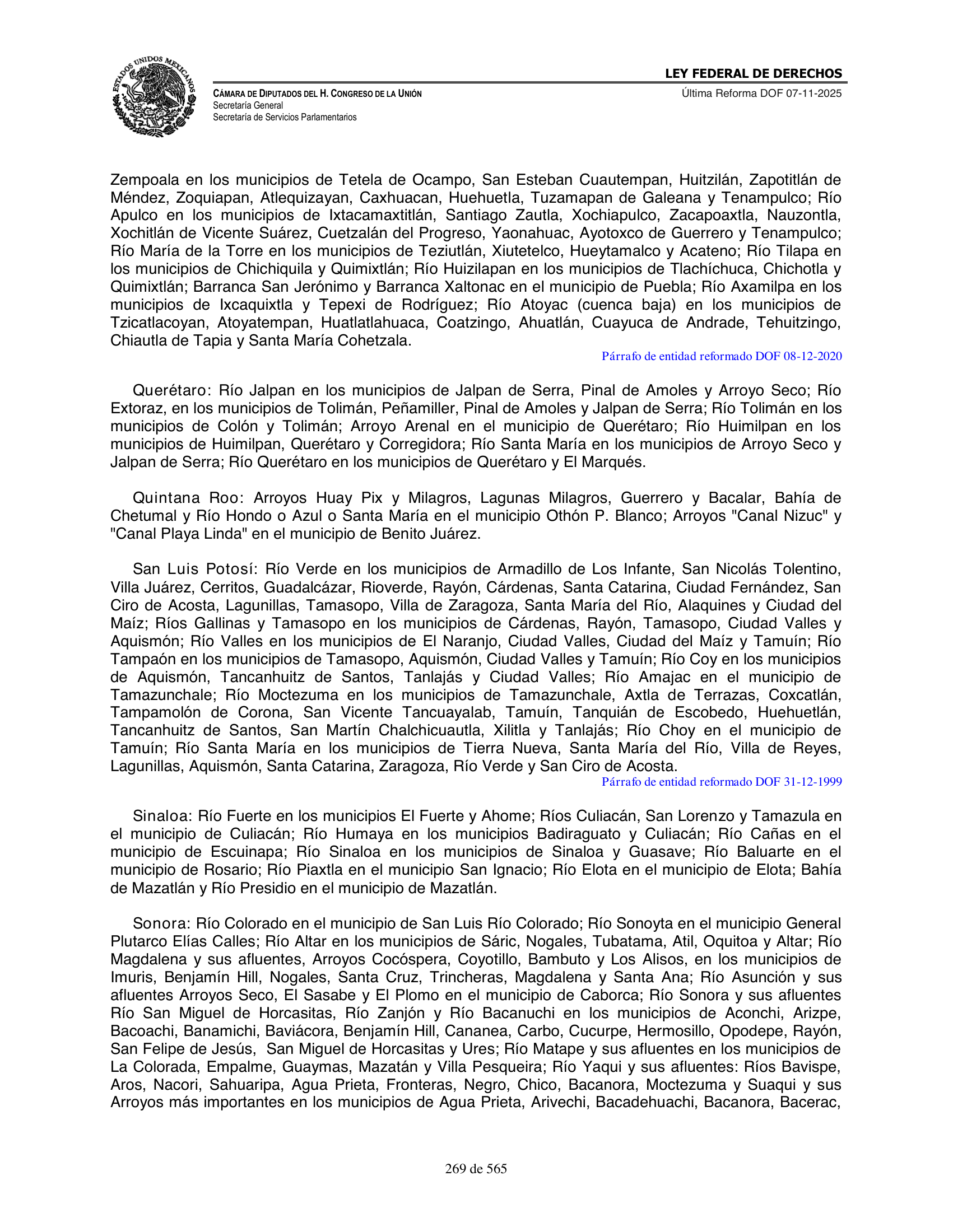 Ley Federal de Derechos — official Chamber compilation — original physical page 269 of 565; complete original page image governs, native search text may be incomplete.
