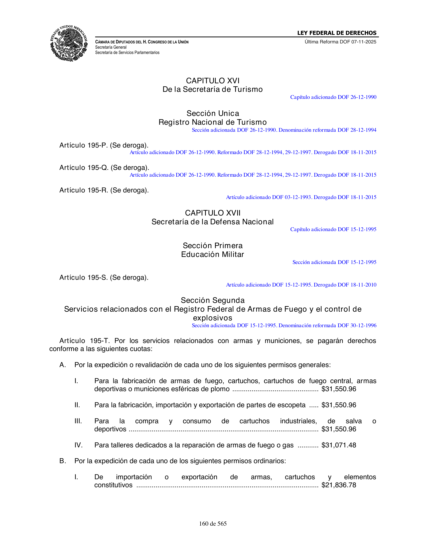 Ley Federal de Derechos — official Chamber compilation — original physical page 160 of 565; complete original page image governs, native search text may be incomplete.
