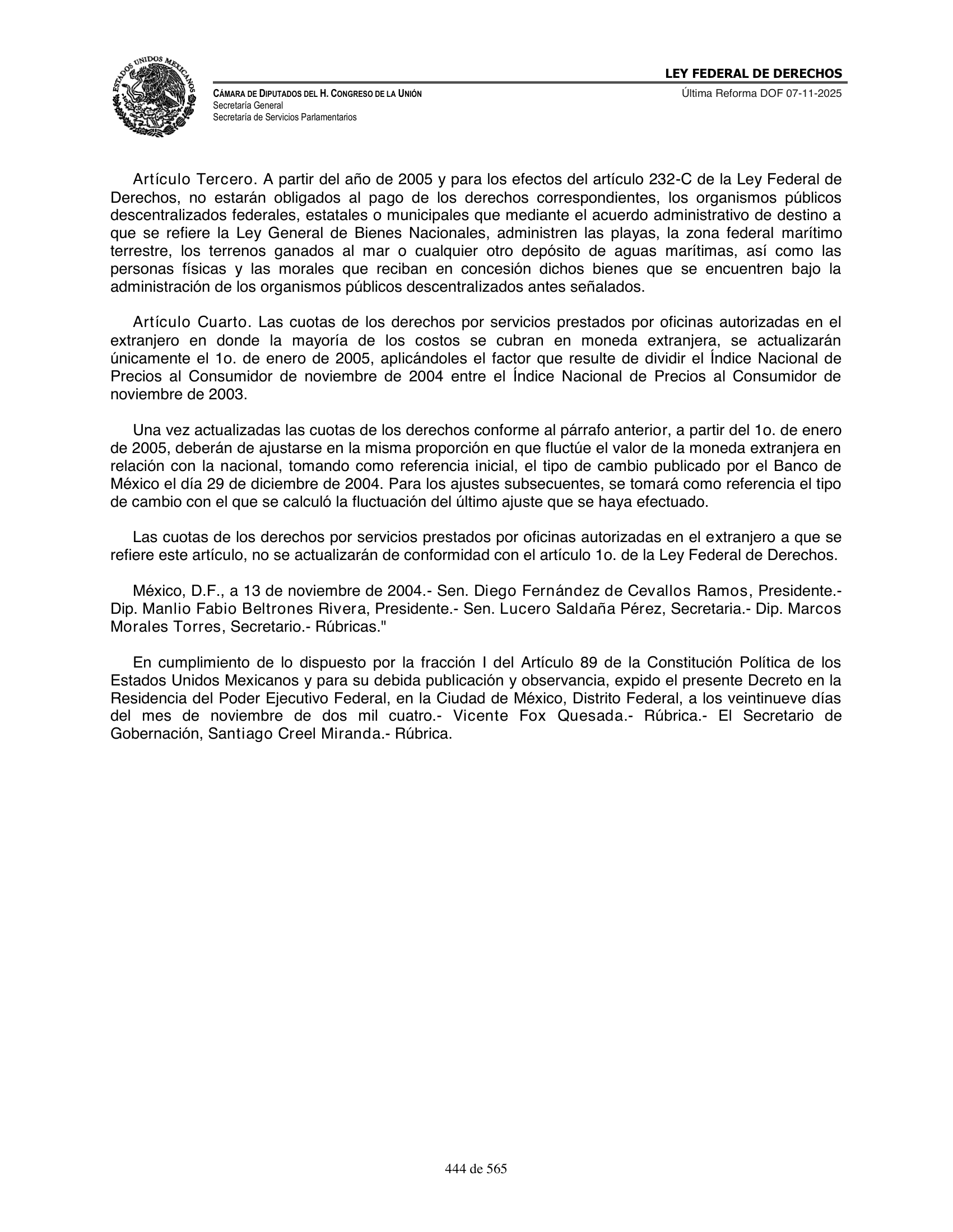 Ley Federal de Derechos — official Chamber compilation — original physical page 444 of 565; complete original page image governs, native search text may be incomplete.