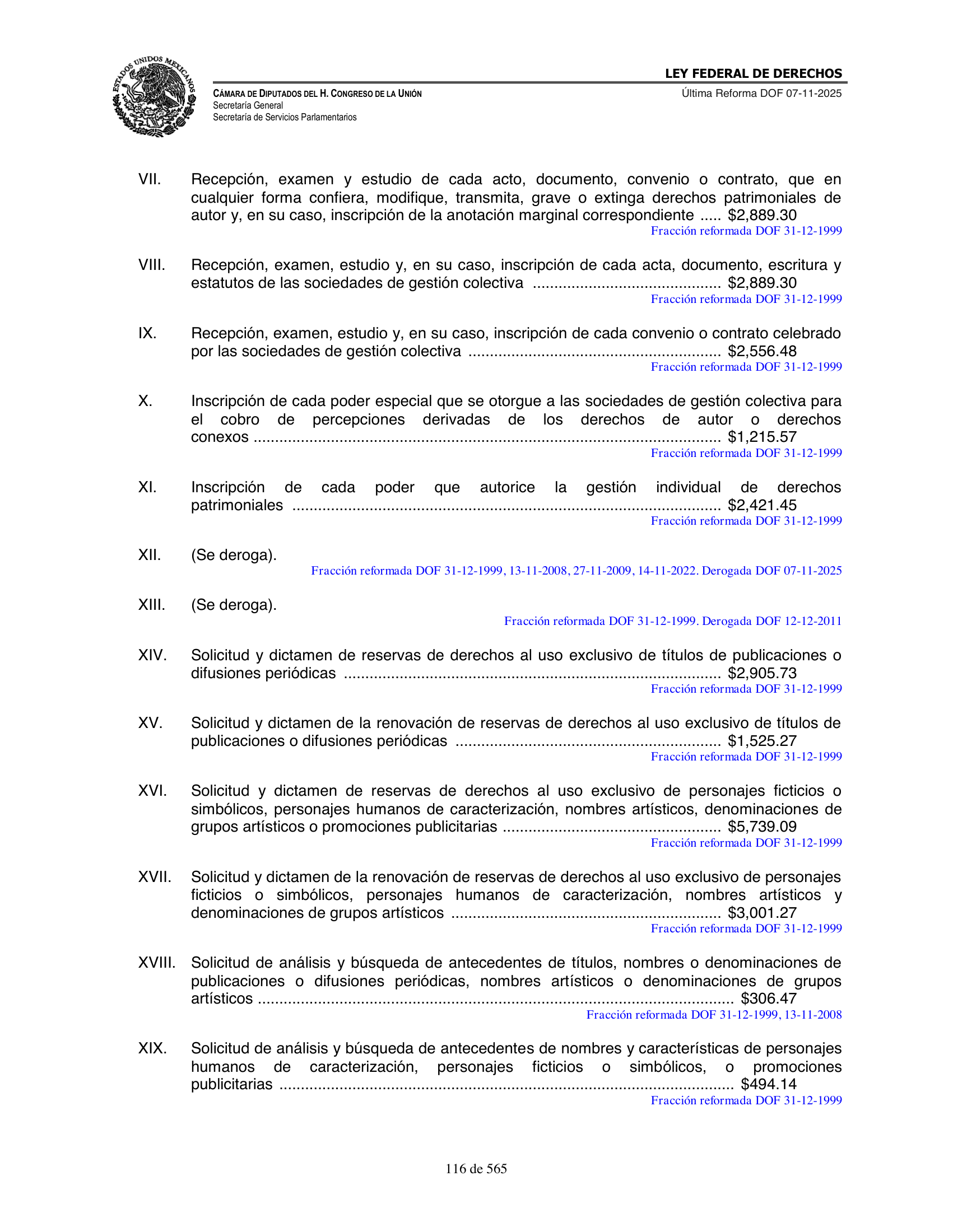 Ley Federal de Derechos — official Chamber compilation — original physical page 116 of 565; complete original page image governs, native search text may be incomplete.