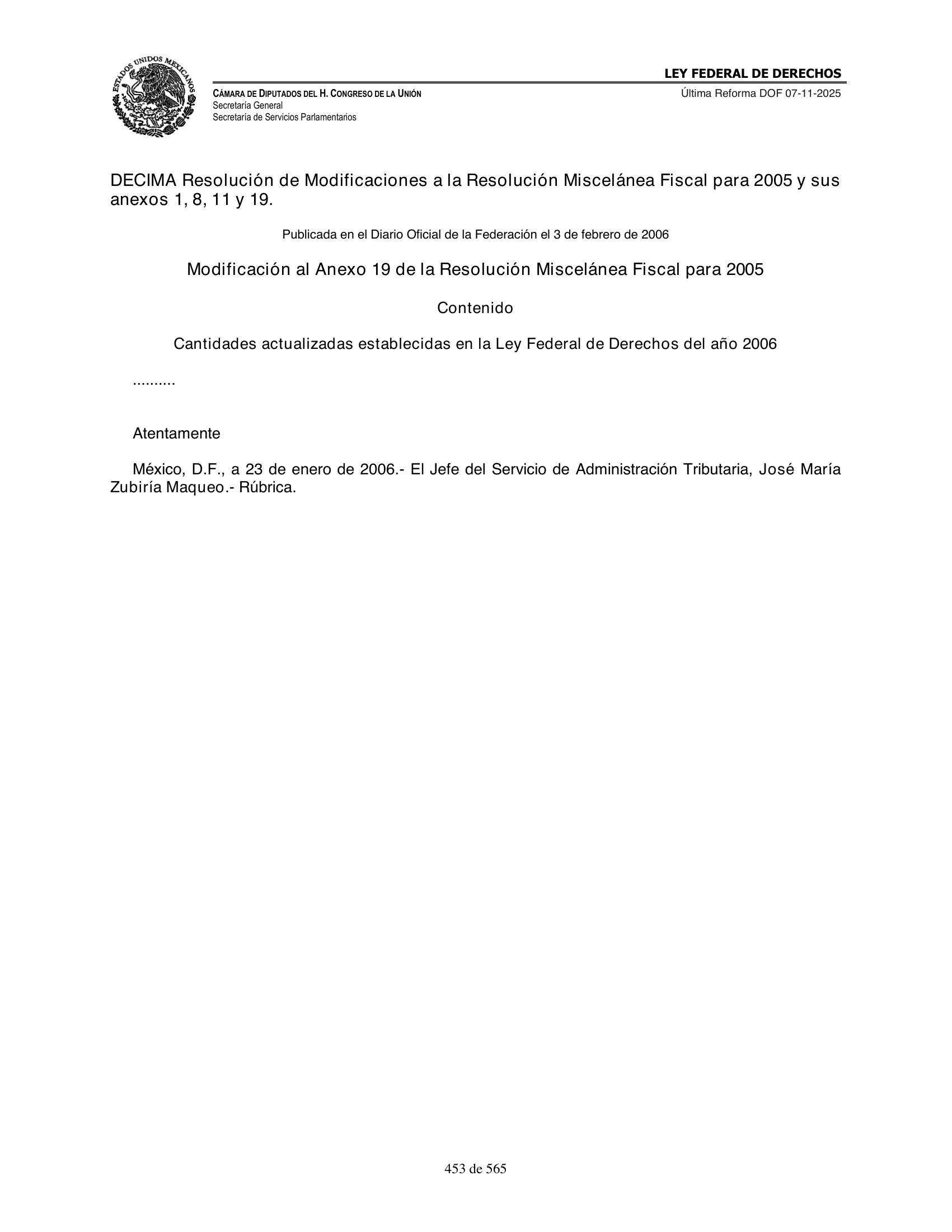 Ley Federal de Derechos — official Chamber compilation — original physical page 453 of 565; complete original page image governs, native search text may be incomplete.