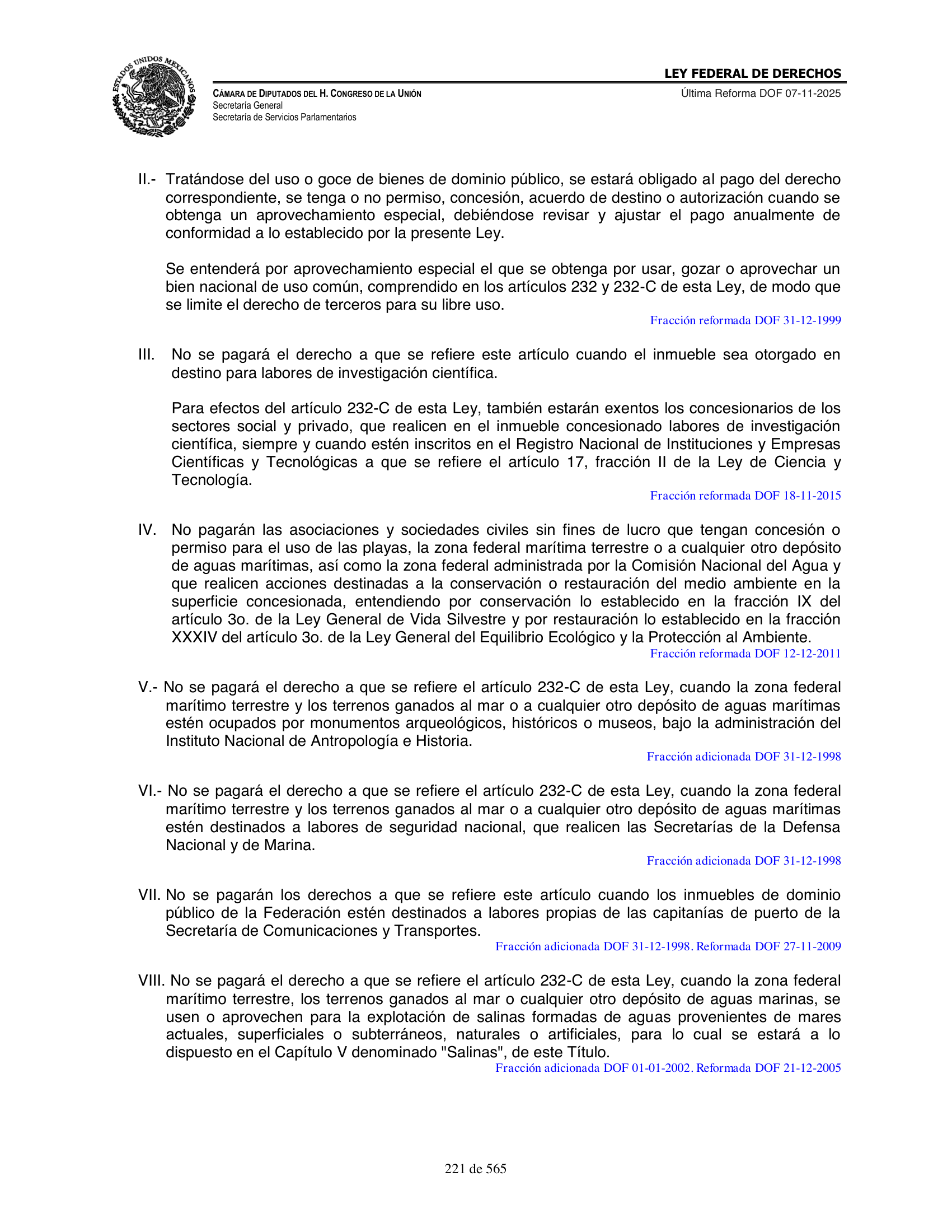 Ley Federal de Derechos — official Chamber compilation — original physical page 221 of 565; complete original page image governs, native search text may be incomplete.