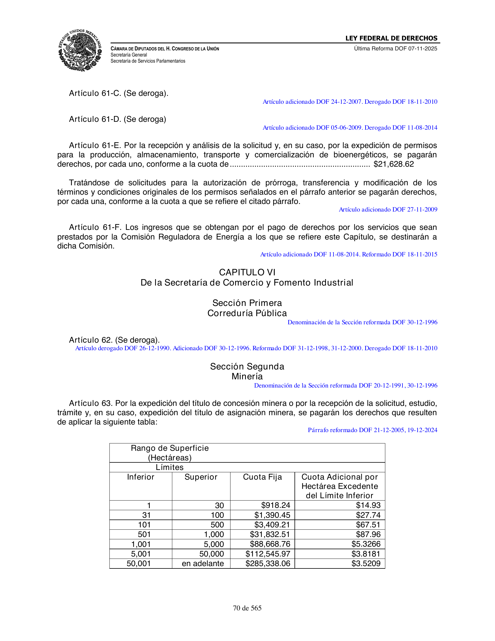Ley Federal de Derechos — official Chamber compilation — original physical page 70 of 565; complete original page image governs, native search text may be incomplete.