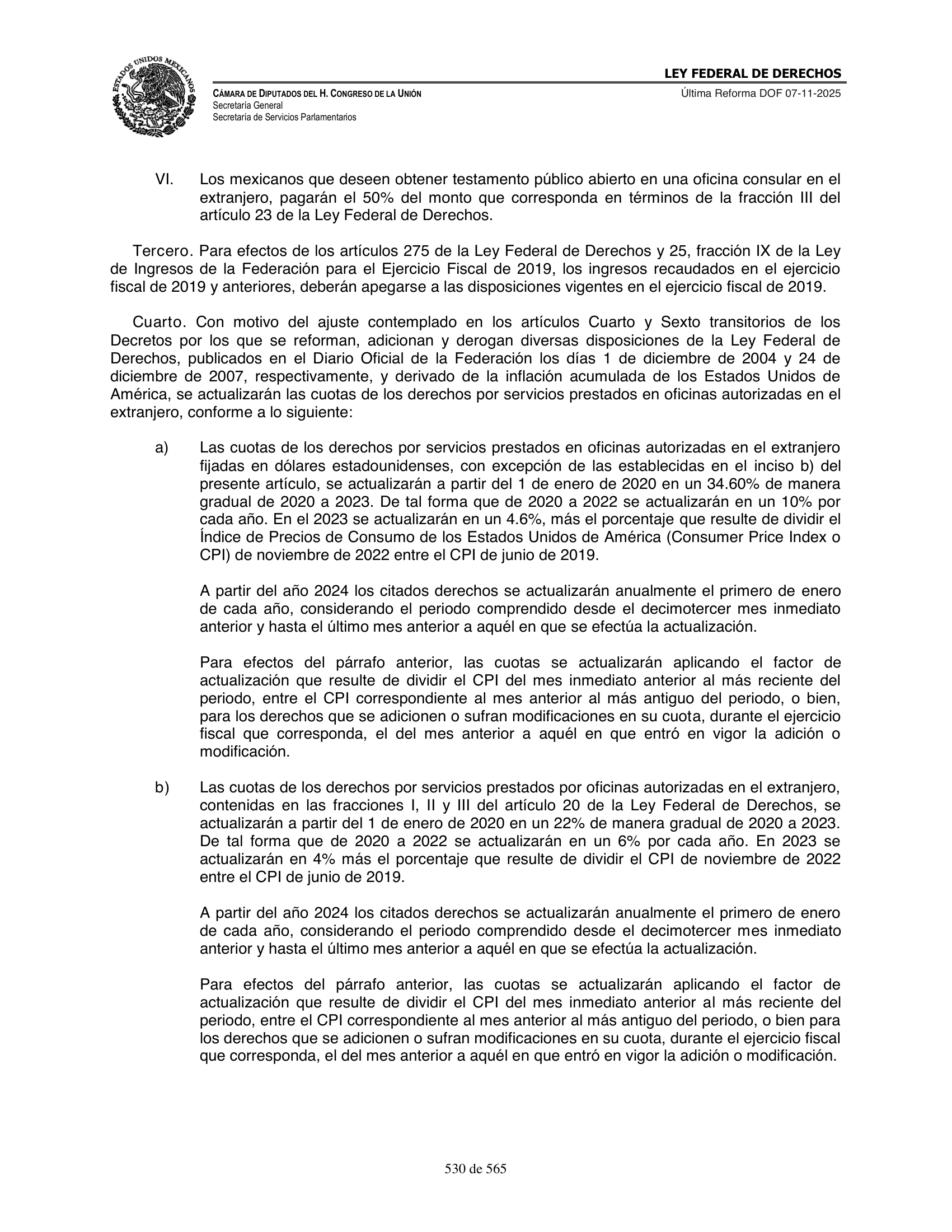 Ley Federal de Derechos — official Chamber compilation — original physical page 530 of 565; complete original page image governs, native search text may be incomplete.