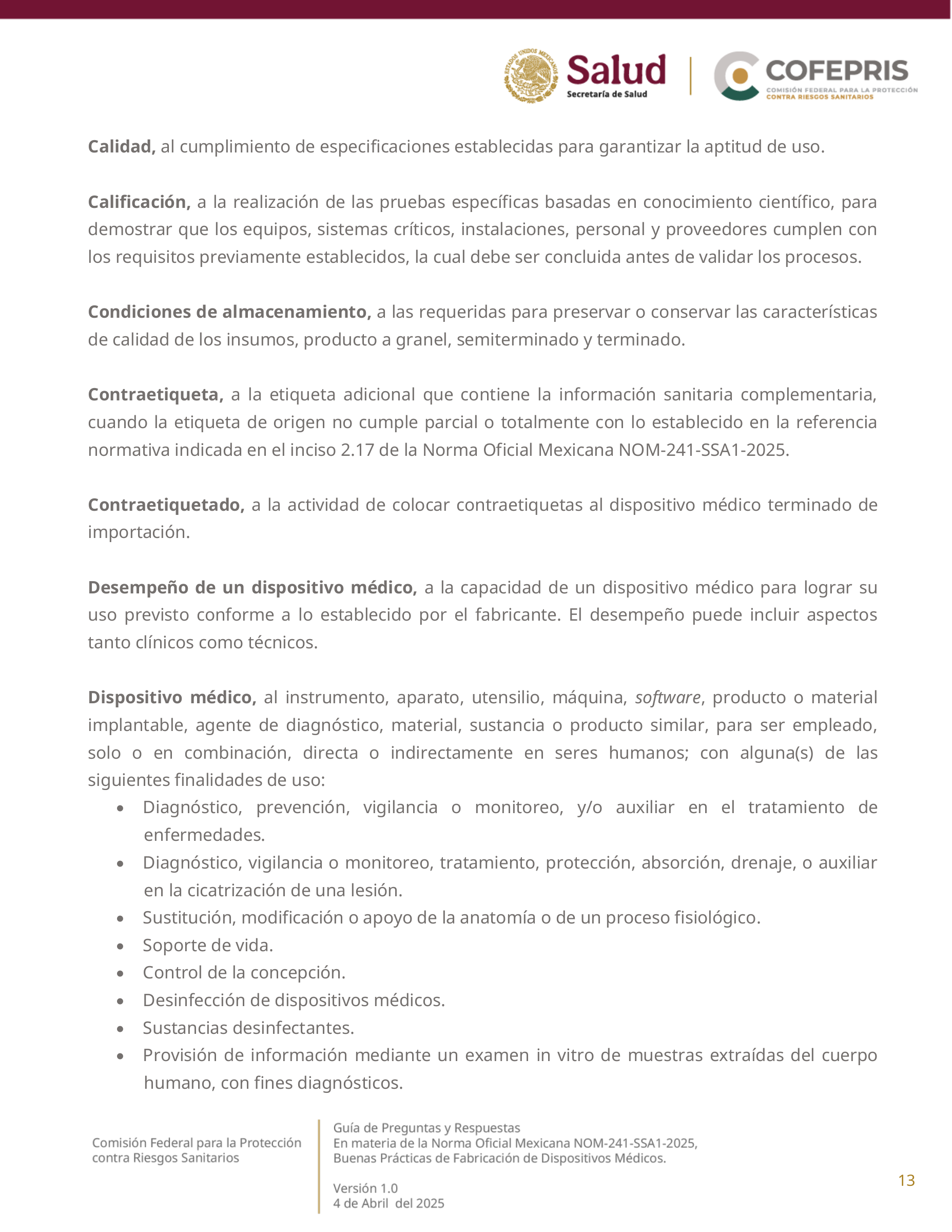 COFEPRIS NOM-241-SSA1-2025 questions and answers, version 1.0 — original physical PDF page 13; complete original page layout, table cells and figures retained.