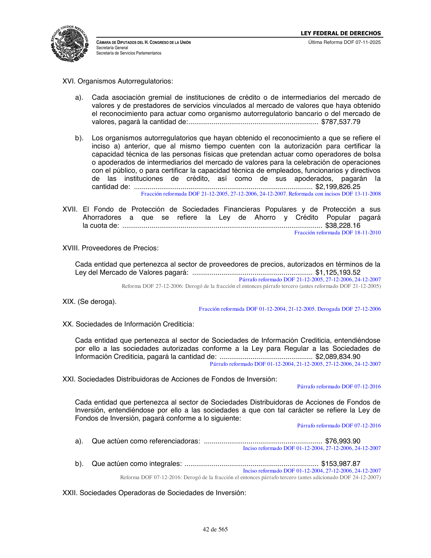 Ley Federal de Derechos — official Chamber compilation — original physical page 42 of 565; complete original page image governs, native search text may be incomplete.