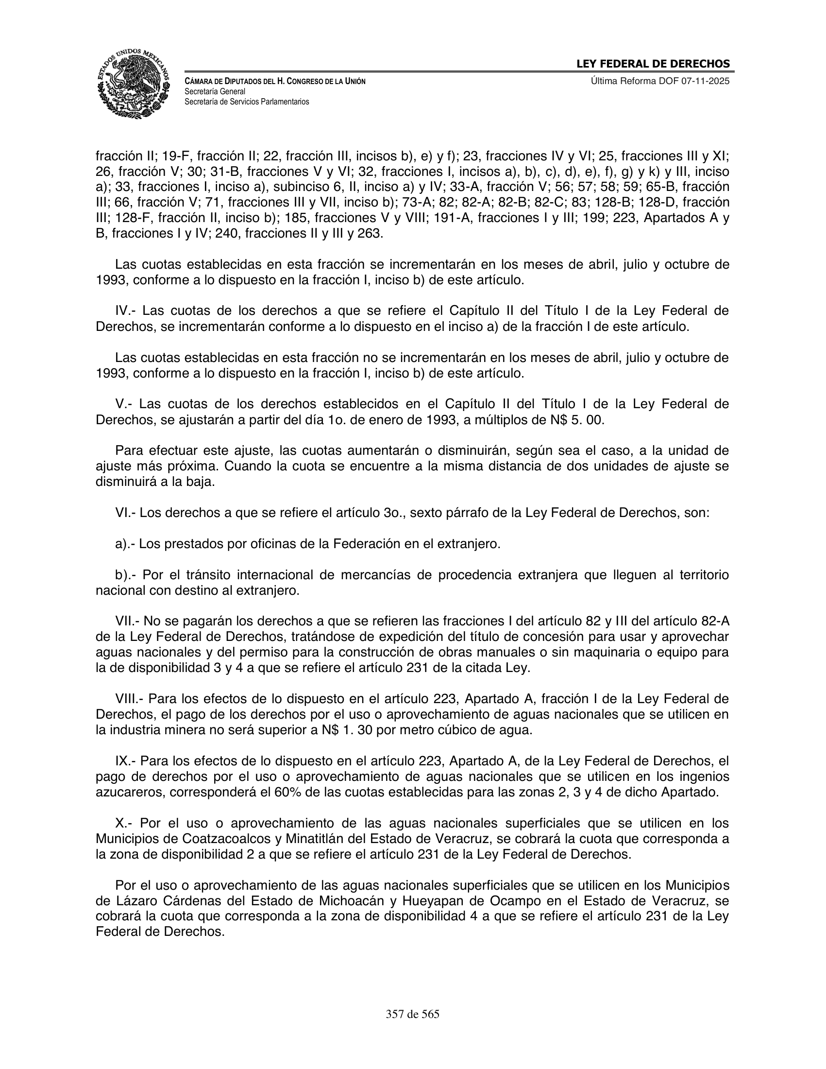 Ley Federal de Derechos — official Chamber compilation — original physical page 357 of 565; complete original page image governs, native search text may be incomplete.
