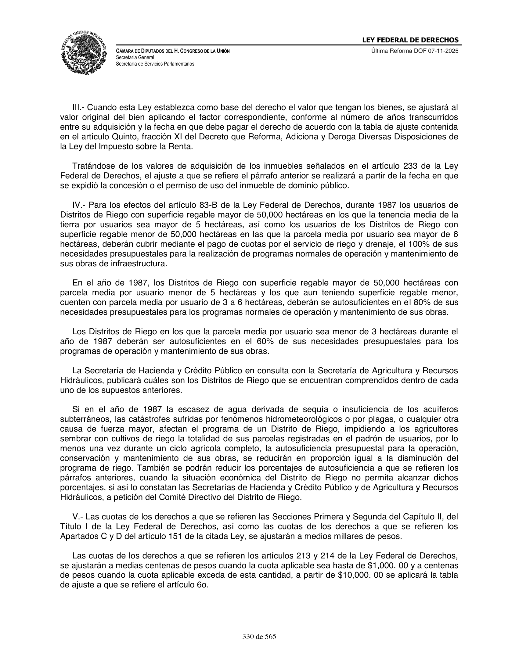 Ley Federal de Derechos — official Chamber compilation — original physical page 330 of 565; complete original page image governs, native search text may be incomplete.