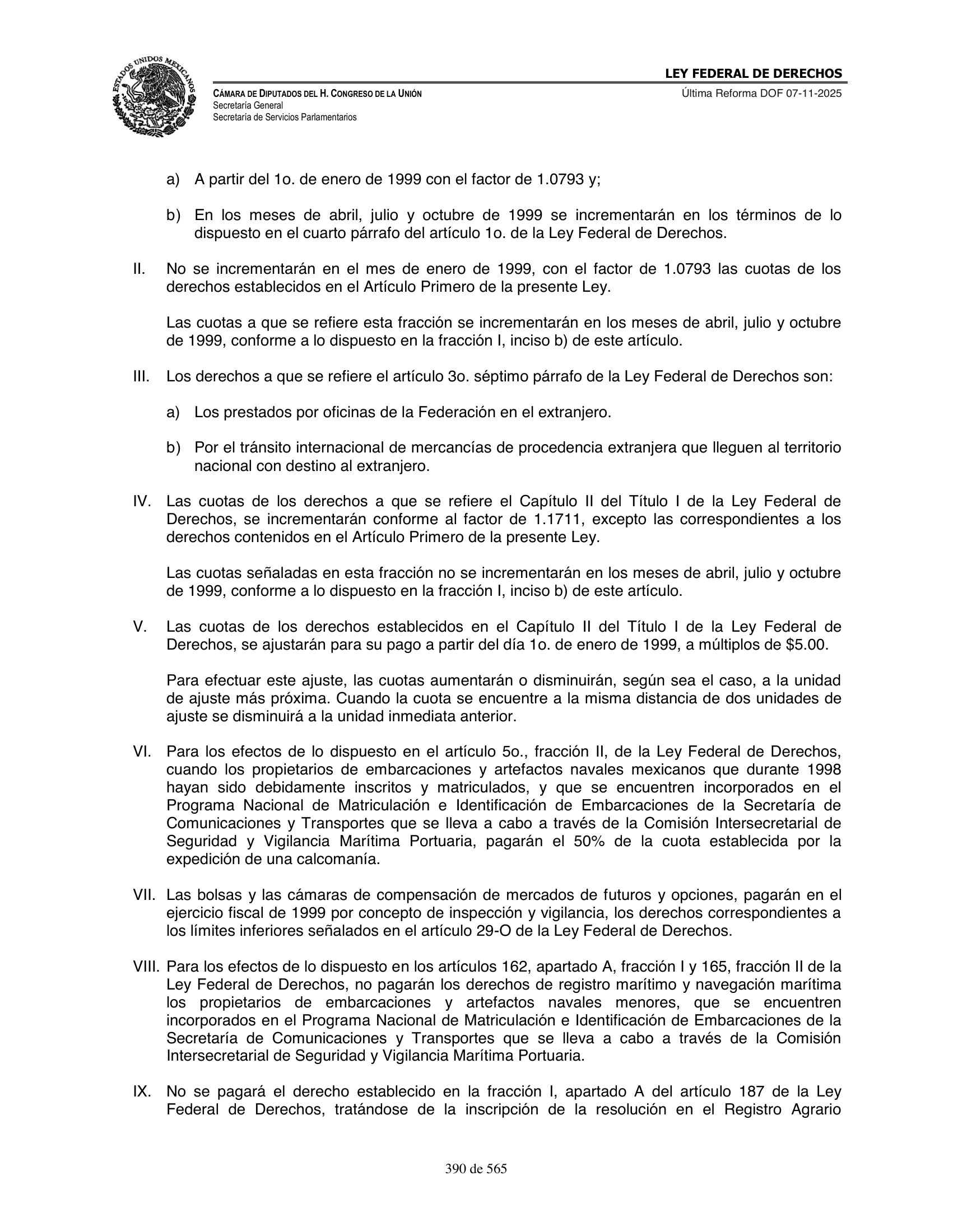 Ley Federal de Derechos — official Chamber compilation — original physical page 390 of 565; complete original page image governs, native search text may be incomplete.