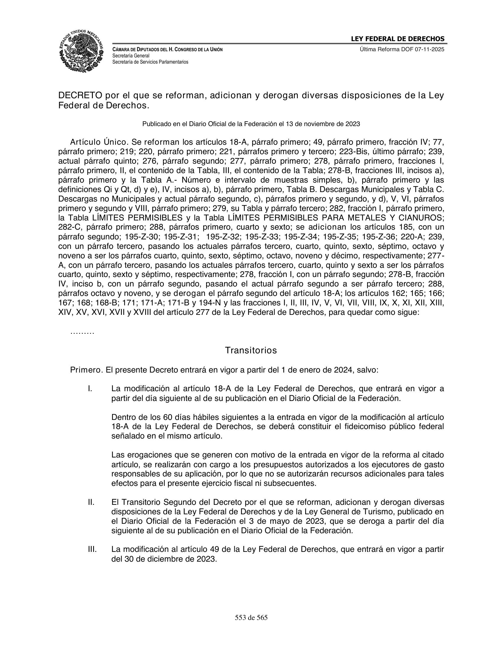 Ley Federal de Derechos — official Chamber compilation — original physical page 553 of 565; complete original page image governs, native search text may be incomplete.