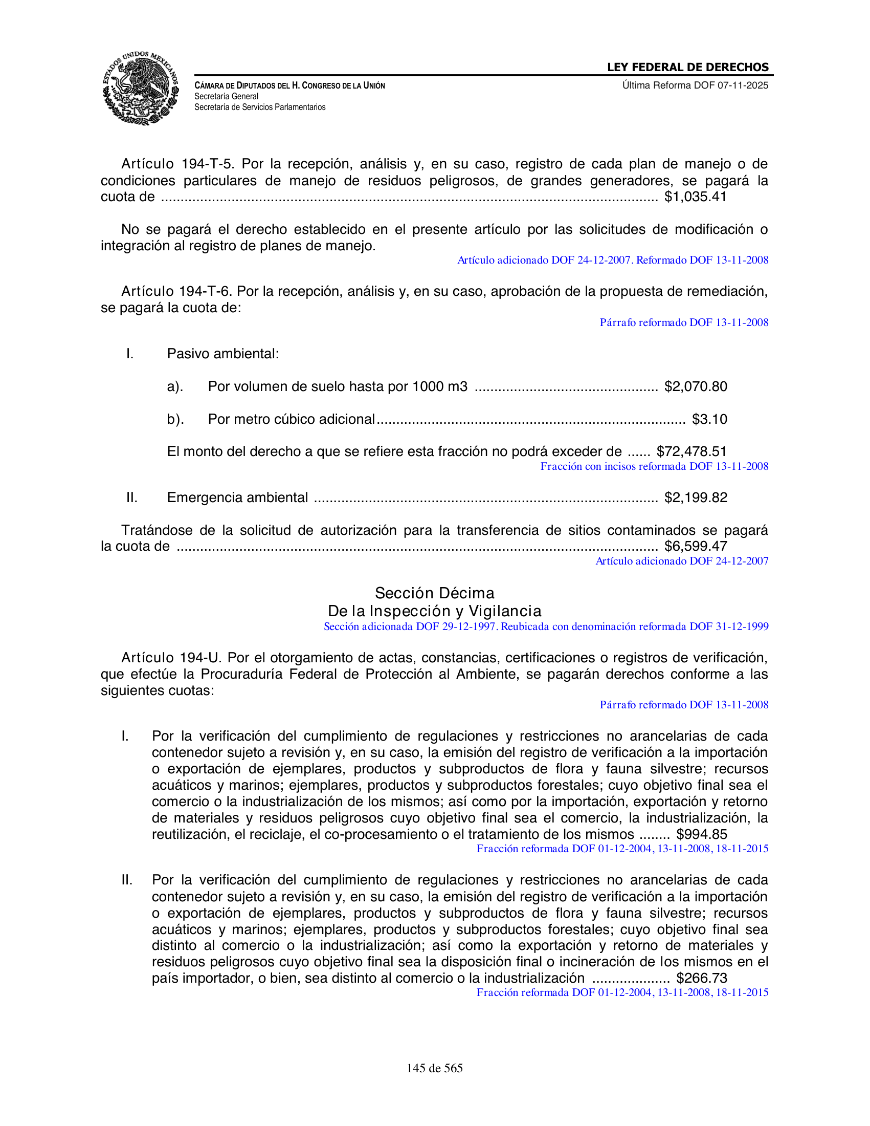 Ley Federal de Derechos — official Chamber compilation — original physical page 145 of 565; complete original page image governs, native search text may be incomplete.