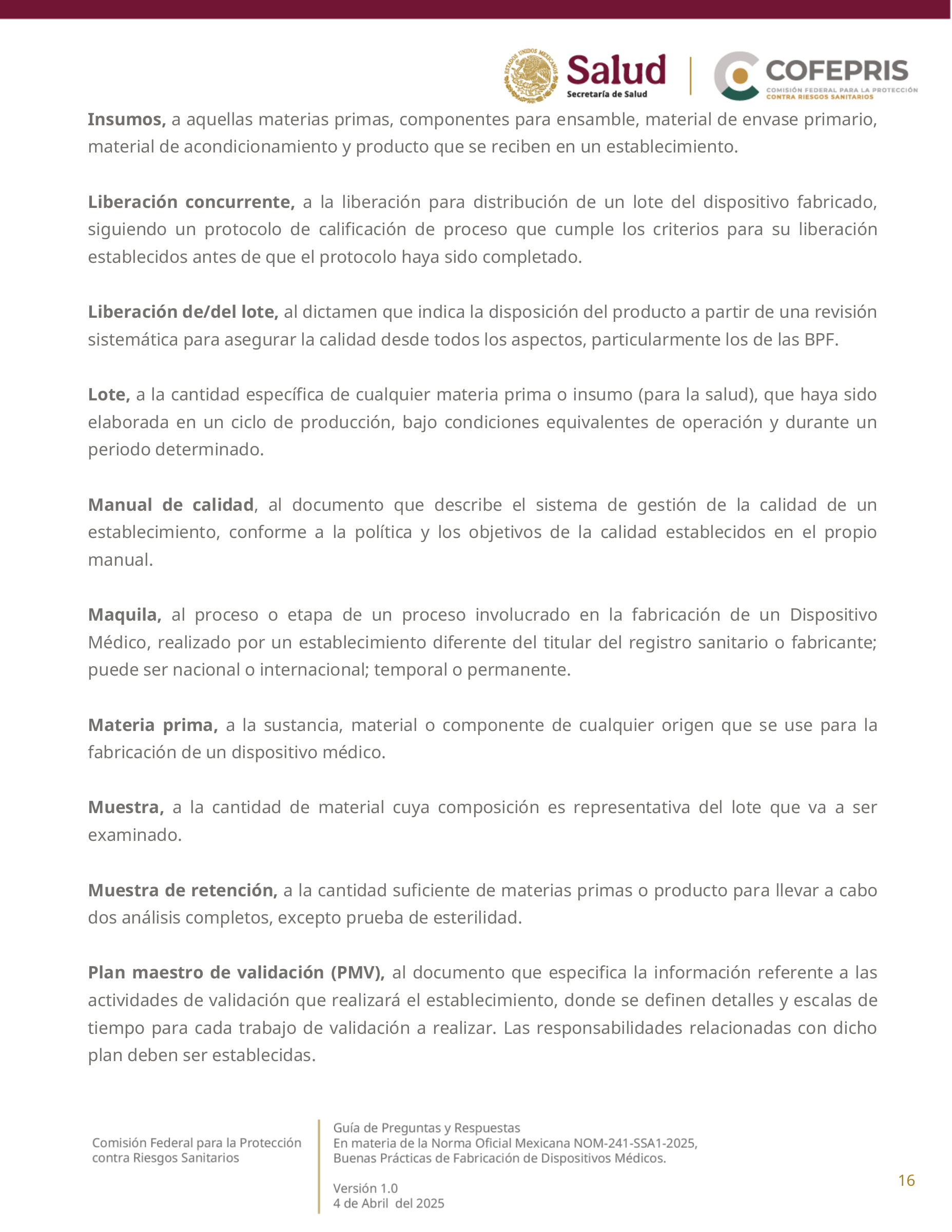 COFEPRIS NOM-241-SSA1-2025 questions and answers, version 1.0 — original physical PDF page 16; complete original page layout, table cells and figures retained.
