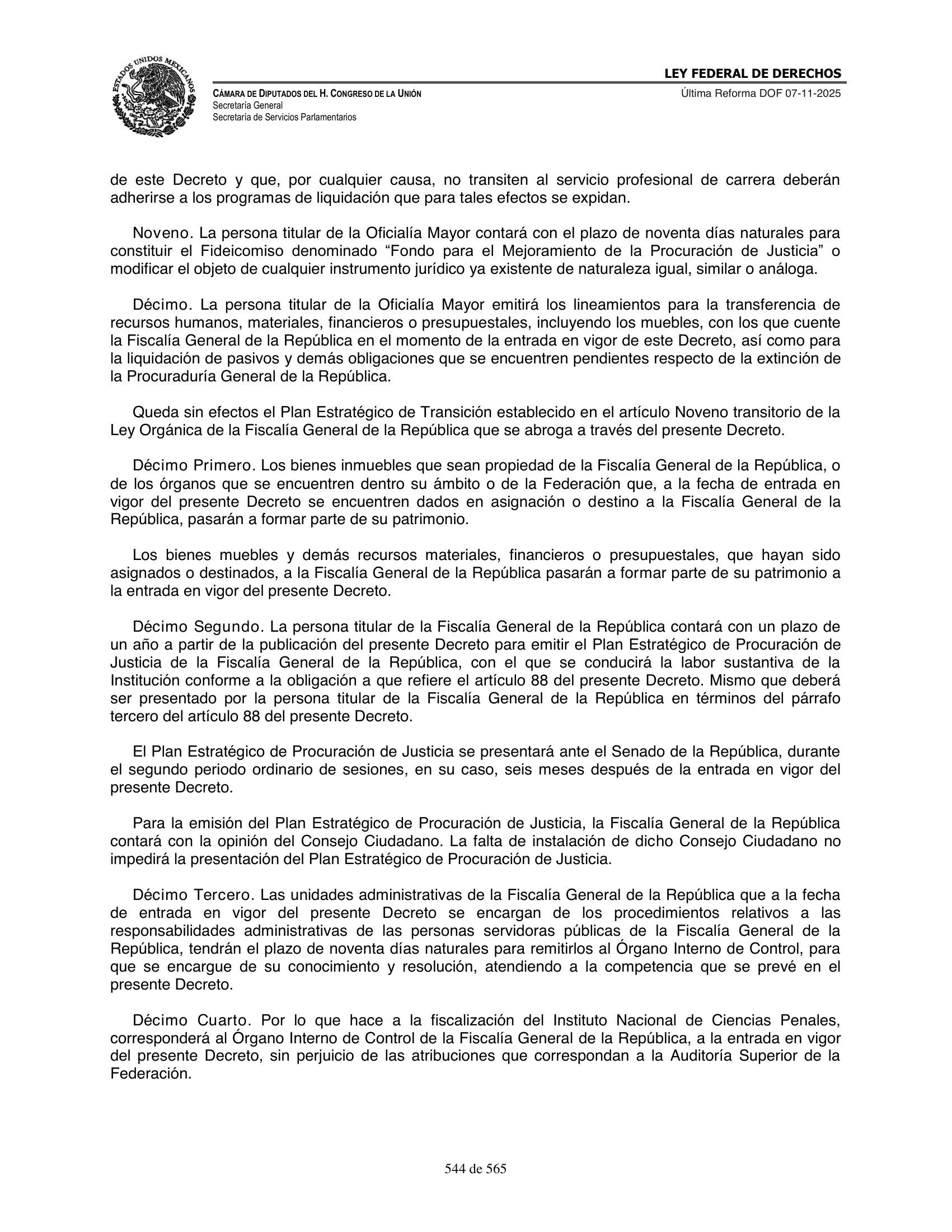 Ley Federal de Derechos — official Chamber compilation — original physical page 544 of 565; complete original page image governs, native search text may be incomplete.