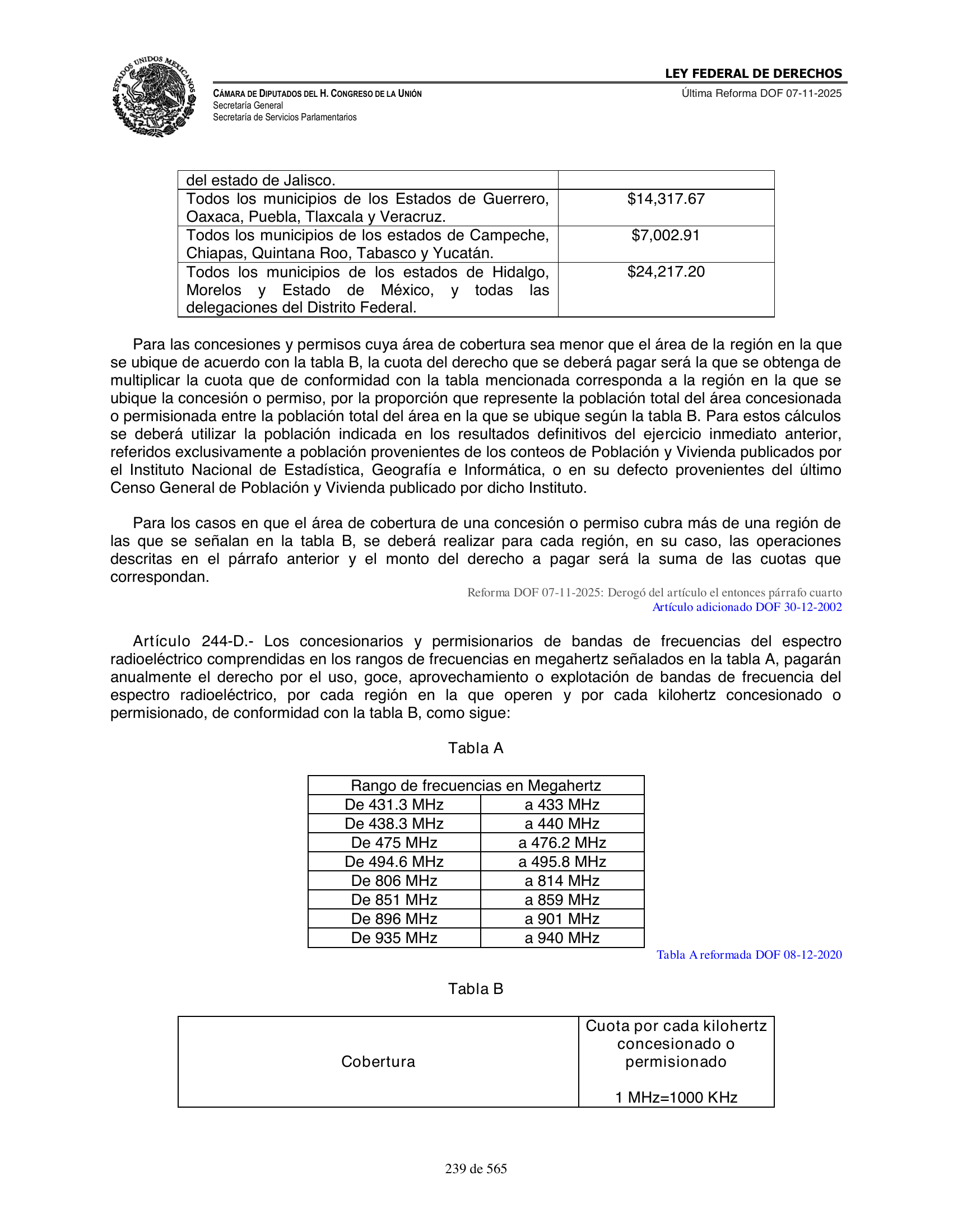 Ley Federal de Derechos — official Chamber compilation — original physical page 239 of 565; complete original page image governs, native search text may be incomplete.