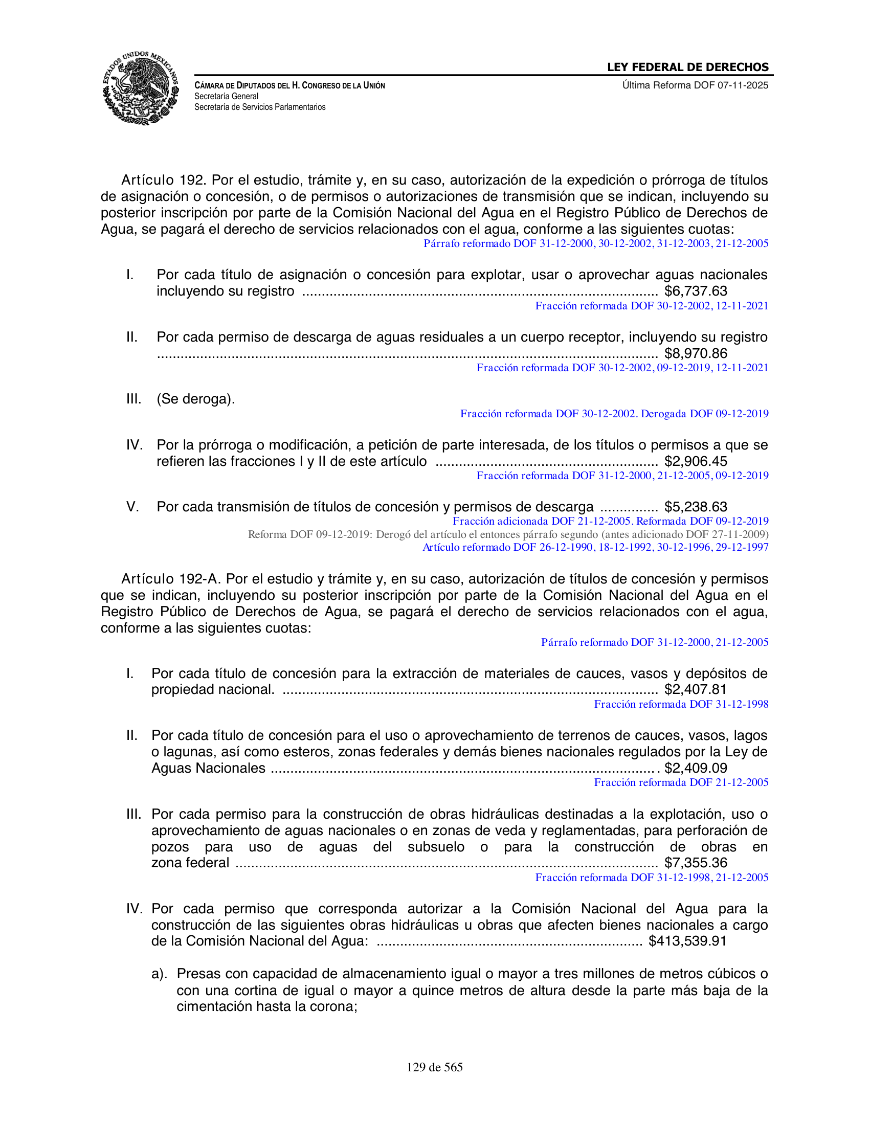 Ley Federal de Derechos — official Chamber compilation — original physical page 129 of 565; complete original page image governs, native search text may be incomplete.