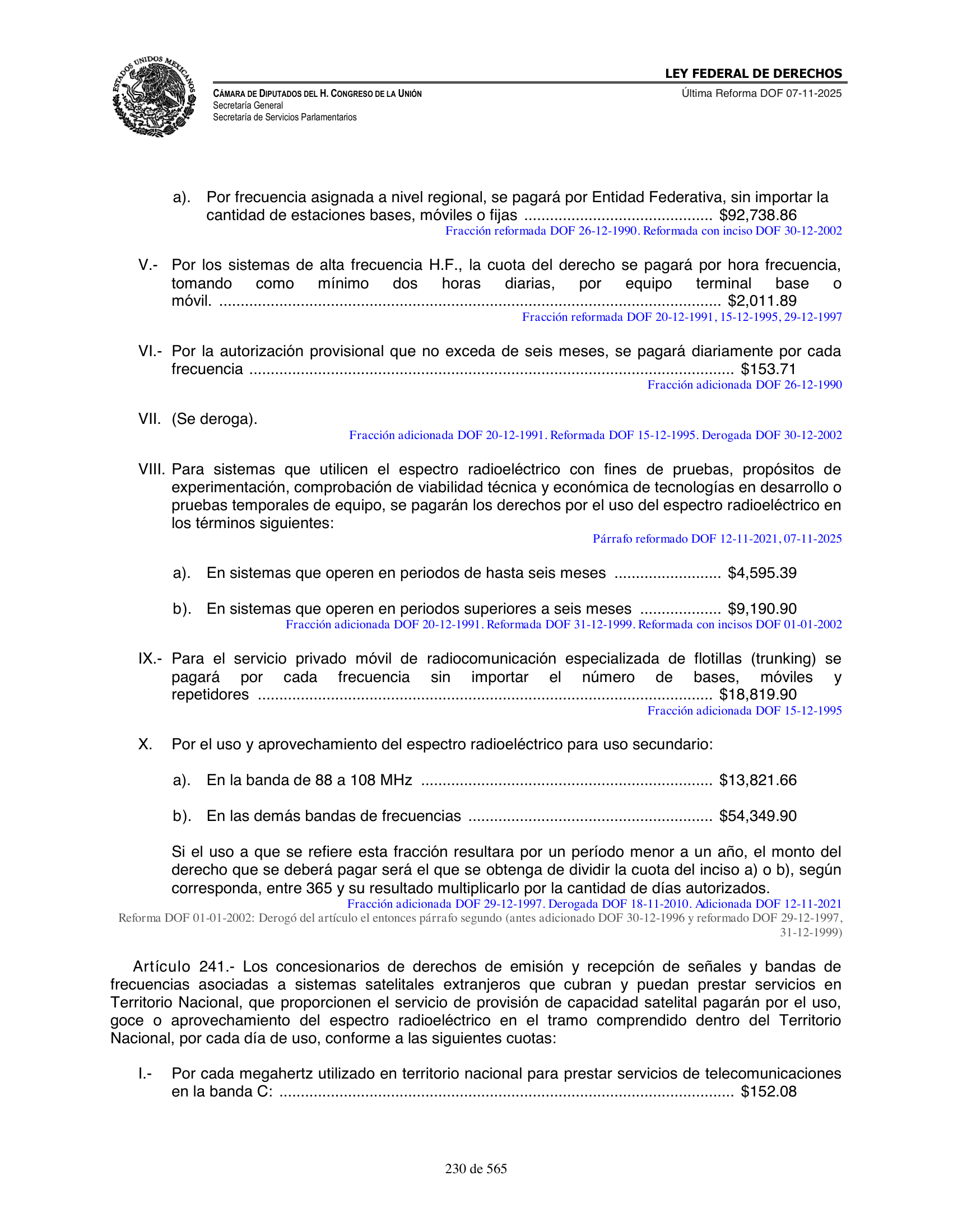 Ley Federal de Derechos — official Chamber compilation — original physical page 230 of 565; complete original page image governs, native search text may be incomplete.