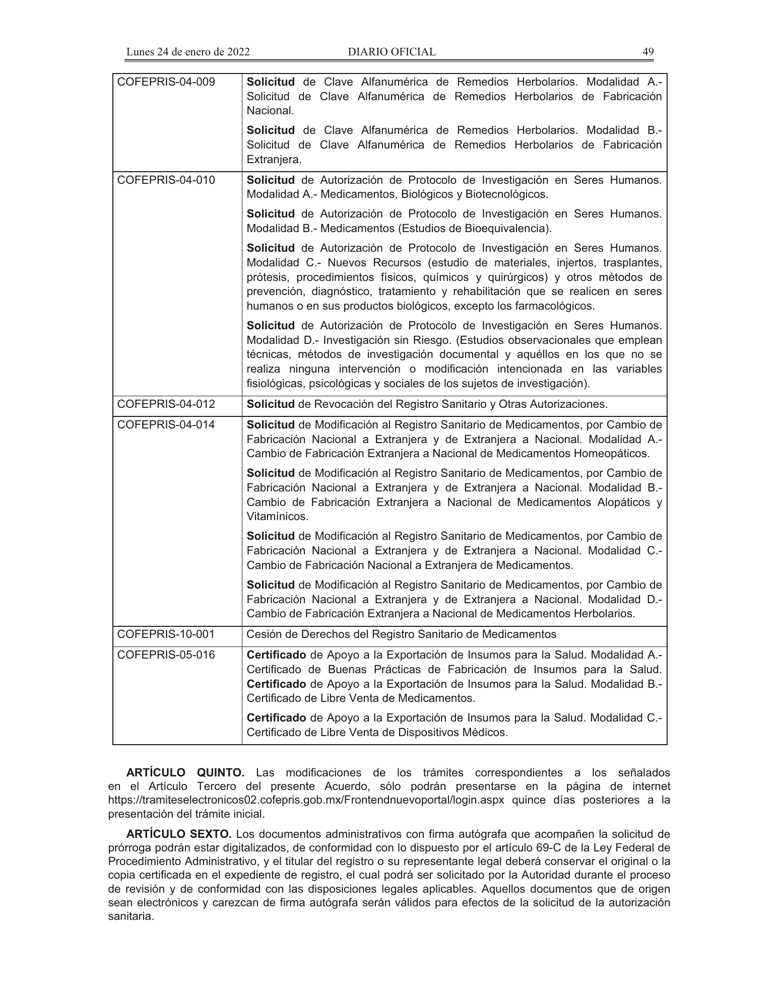 COFEPRIS procedures/forms amendment, DOF 24 January 2022 — original physical PDF page 14; complete page image is authoritative.