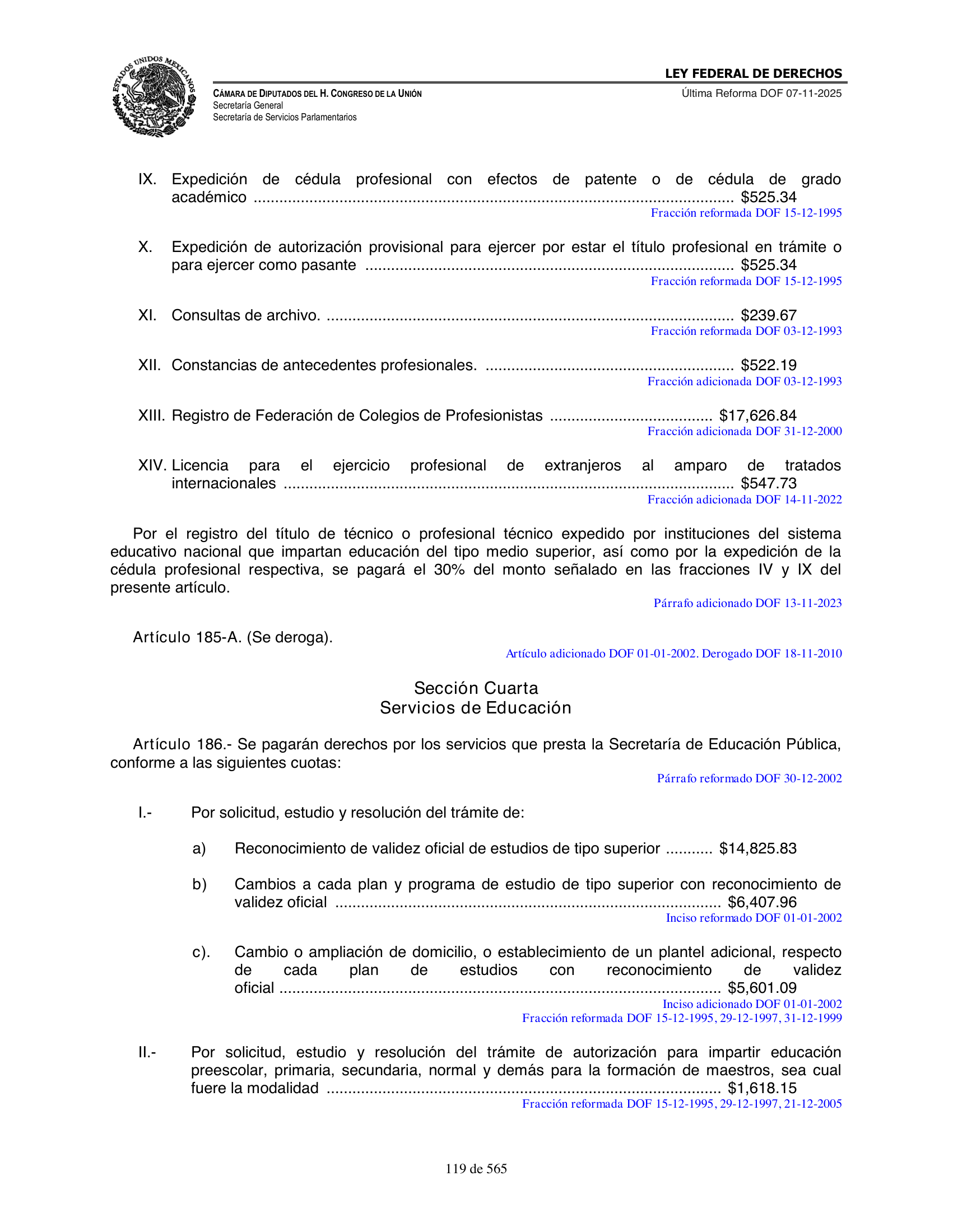 Ley Federal de Derechos — official Chamber compilation — original physical page 119 of 565; complete original page image governs, native search text may be incomplete.