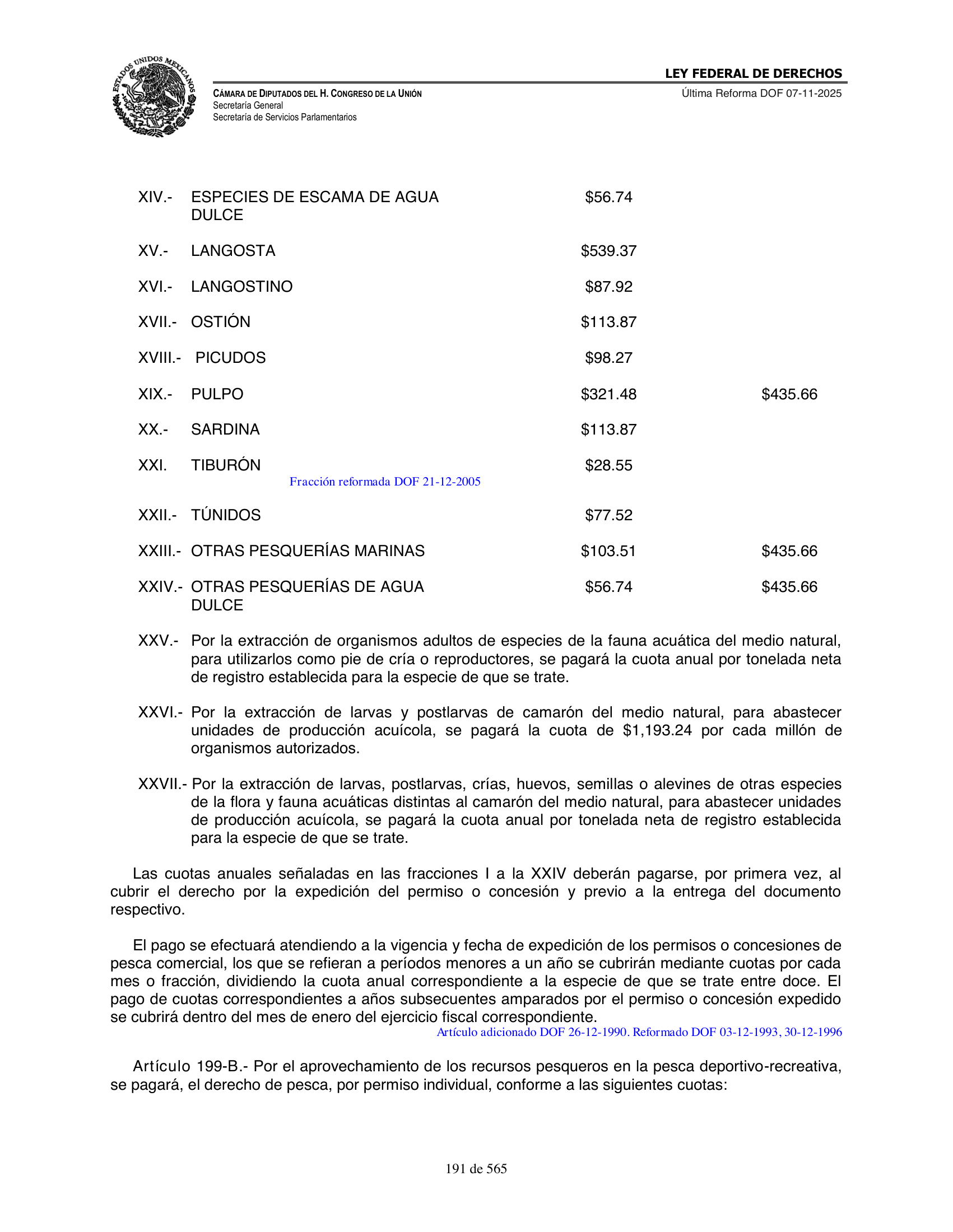 Ley Federal de Derechos — official Chamber compilation — original physical page 191 of 565; complete original page image governs, native search text may be incomplete.