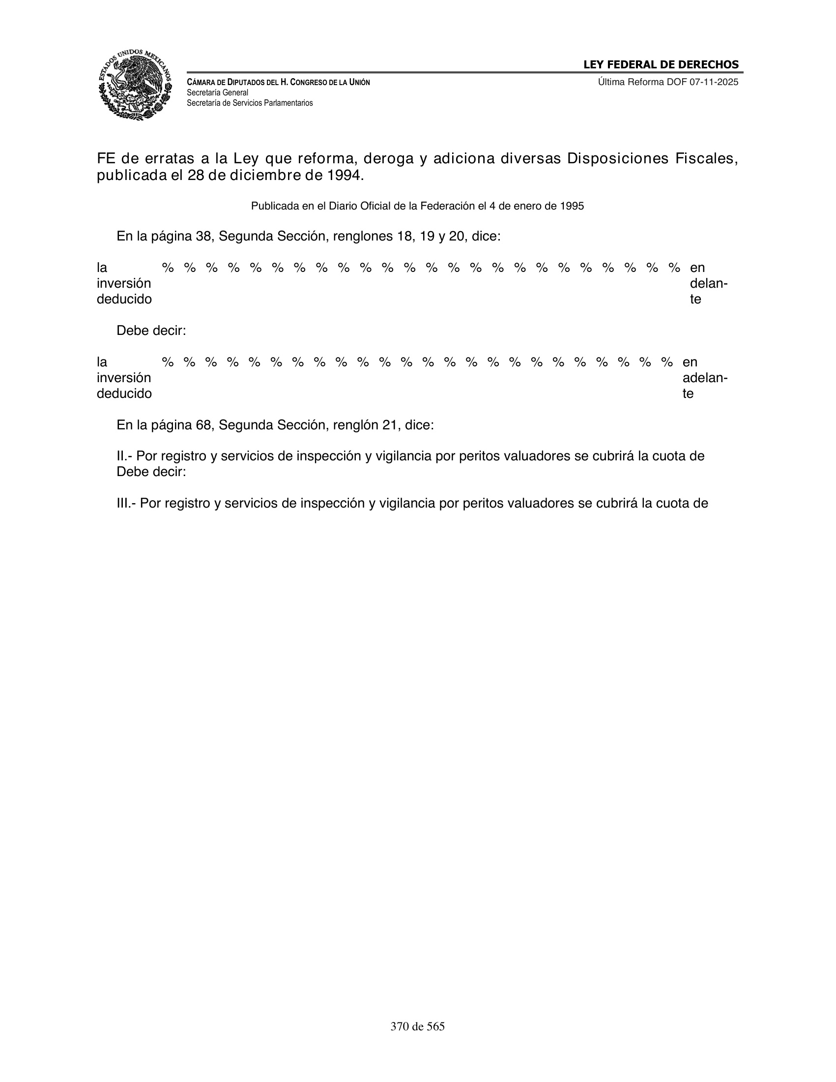 Ley Federal de Derechos — official Chamber compilation — original physical page 370 of 565; complete original page image governs, native search text may be incomplete.