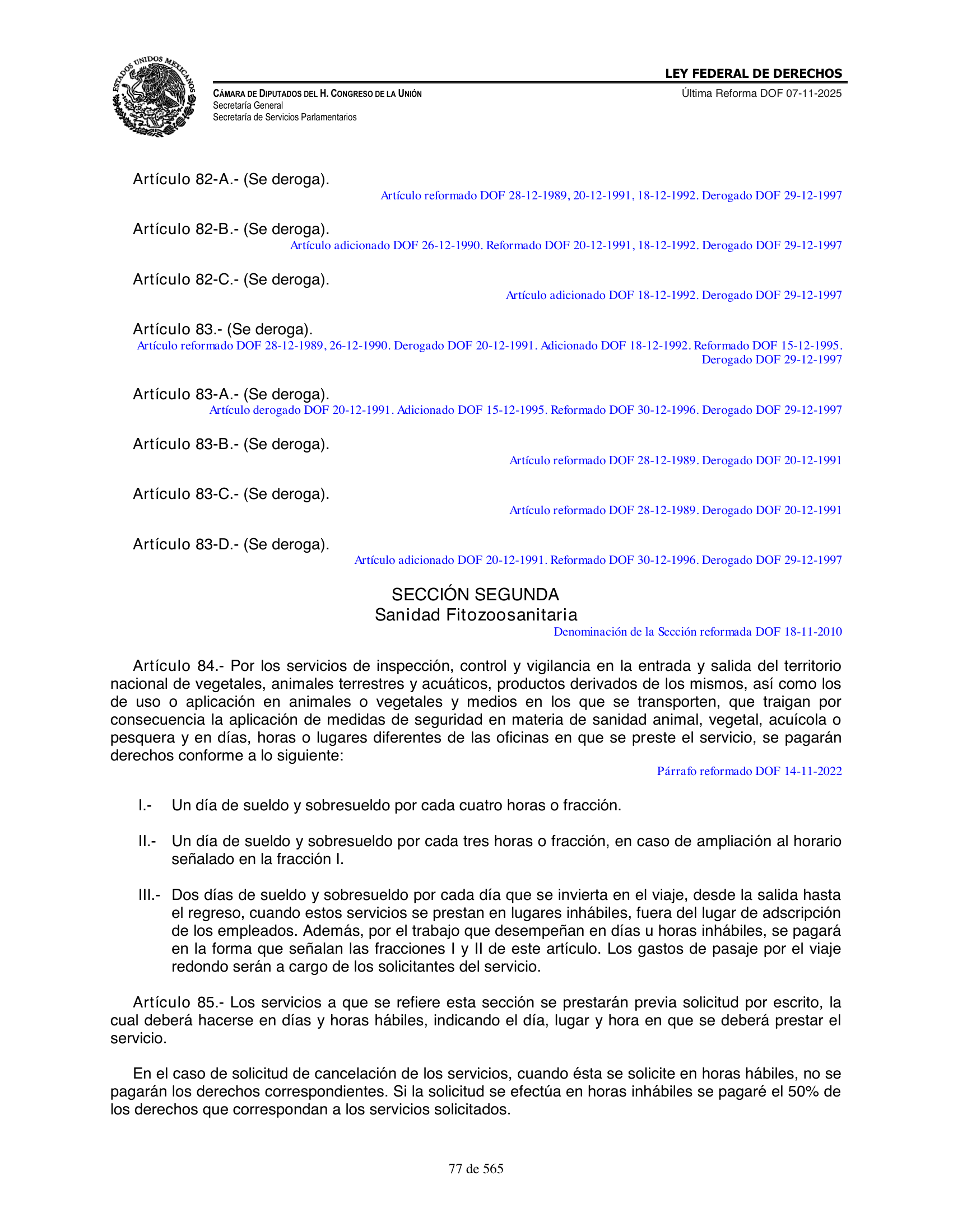 Ley Federal de Derechos — official Chamber compilation — original physical page 77 of 565; complete original page image governs, native search text may be incomplete.