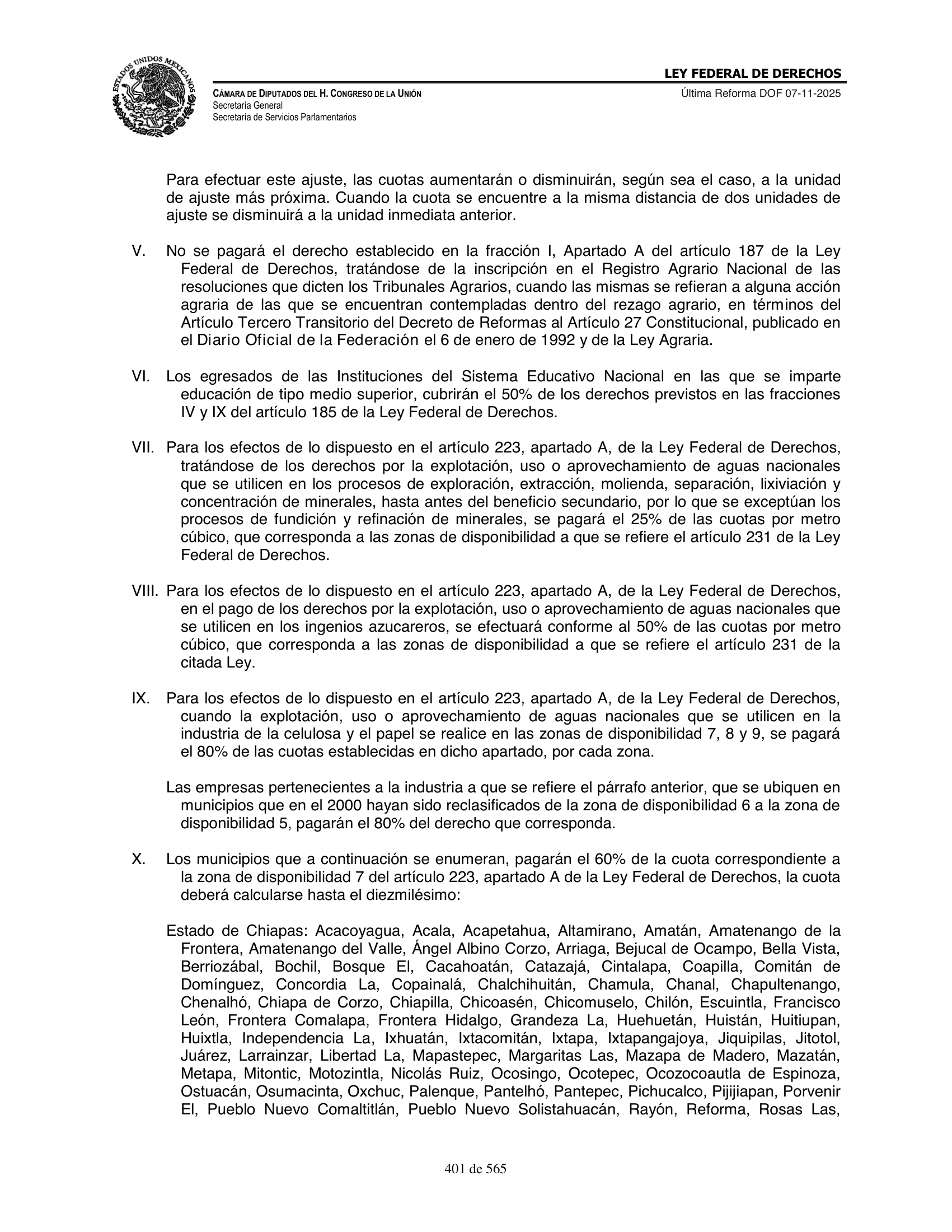 Ley Federal de Derechos — official Chamber compilation — original physical page 401 of 565; complete original page image governs, native search text may be incomplete.