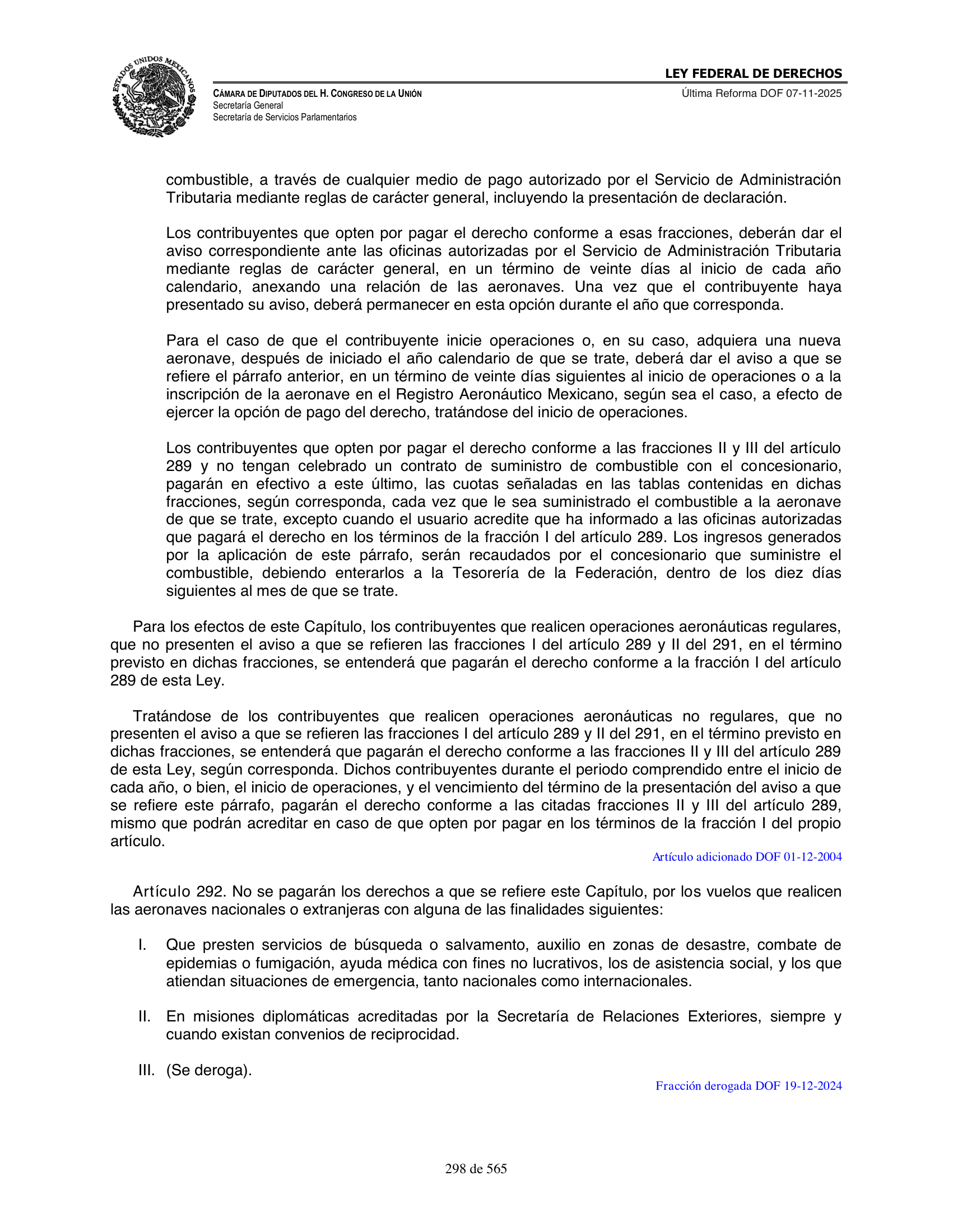 Ley Federal de Derechos — official Chamber compilation — original physical page 298 of 565; complete original page image governs, native search text may be incomplete.