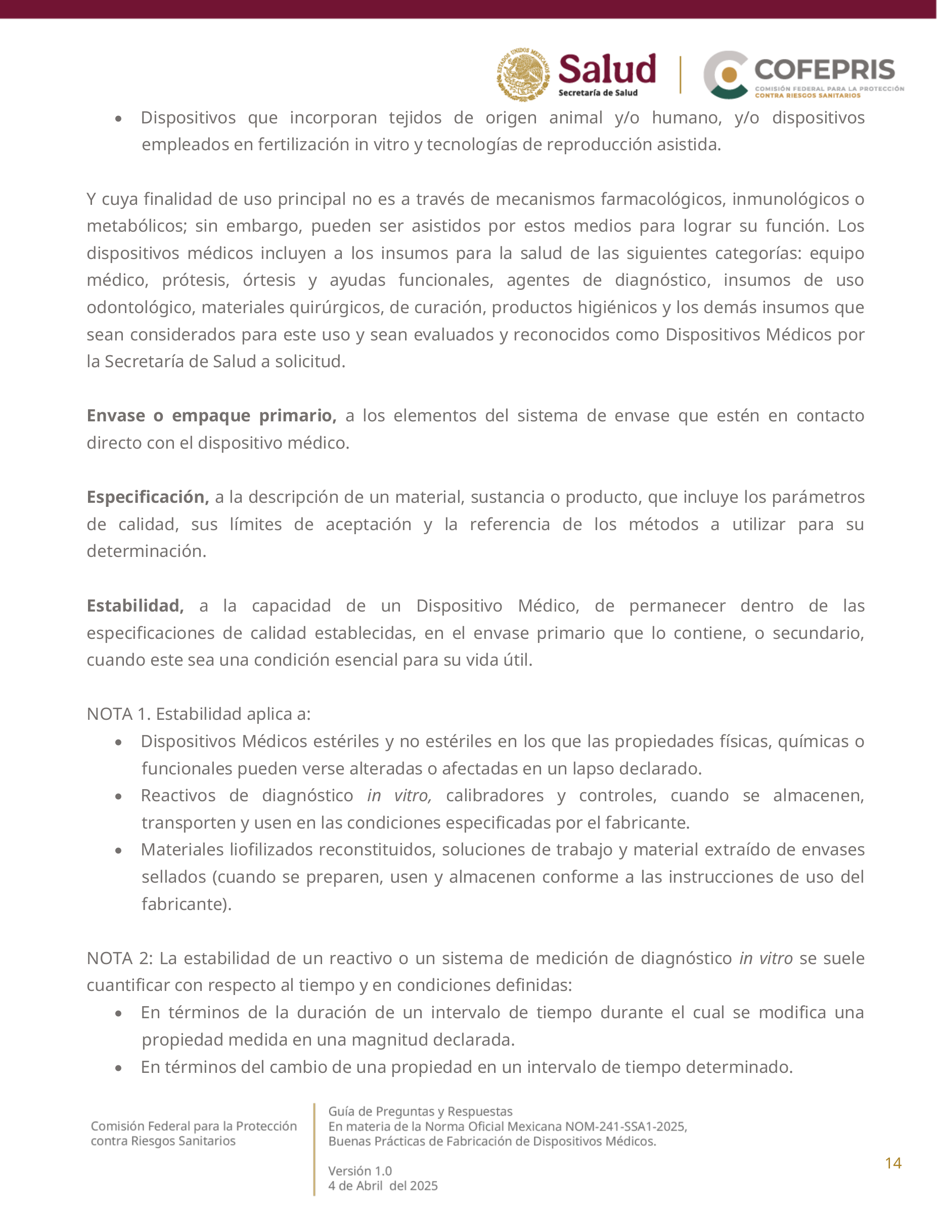 COFEPRIS NOM-241-SSA1-2025 questions and answers, version 1.0 — original physical PDF page 14; complete original page layout, table cells and figures retained.