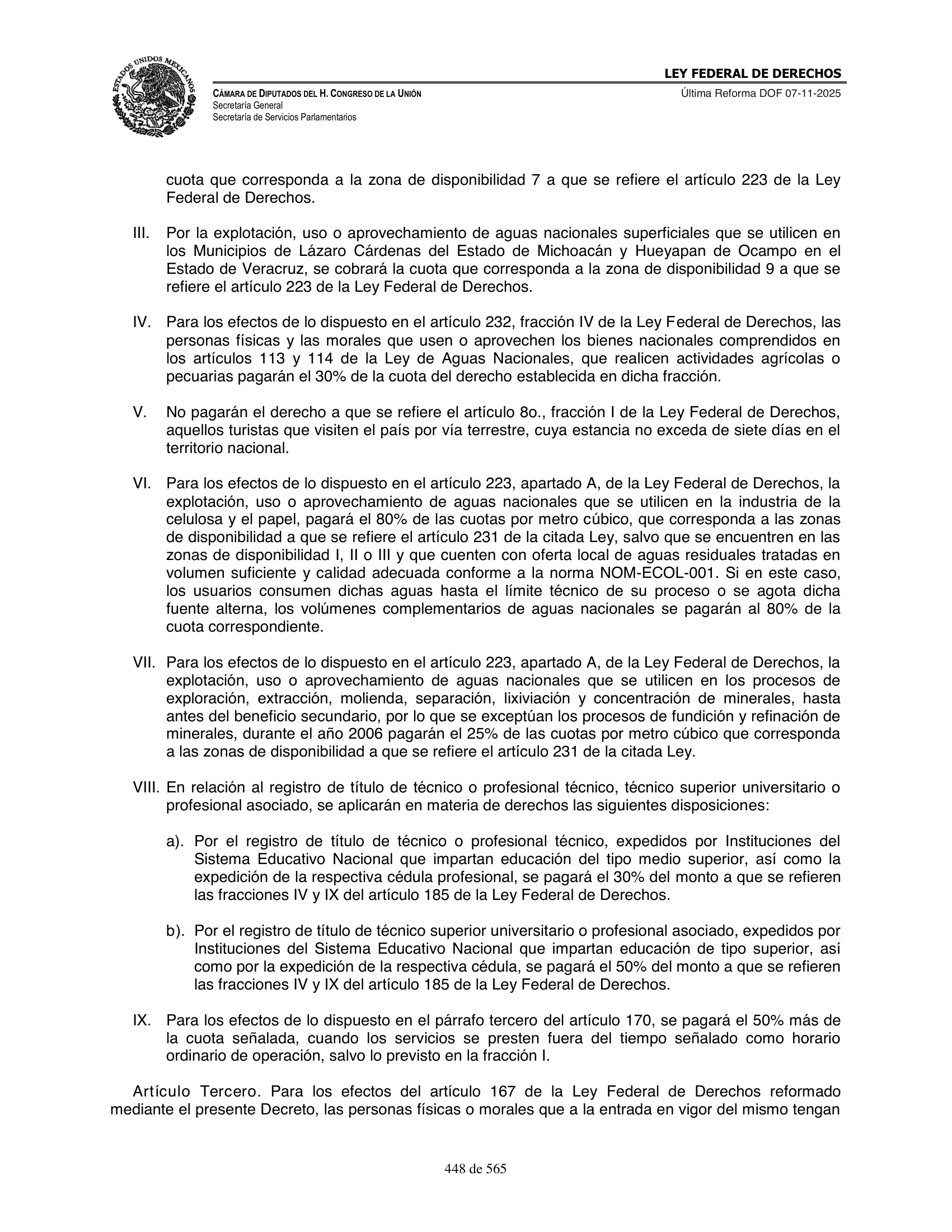 Ley Federal de Derechos — official Chamber compilation — original physical page 448 of 565; complete original page image governs, native search text may be incomplete.
