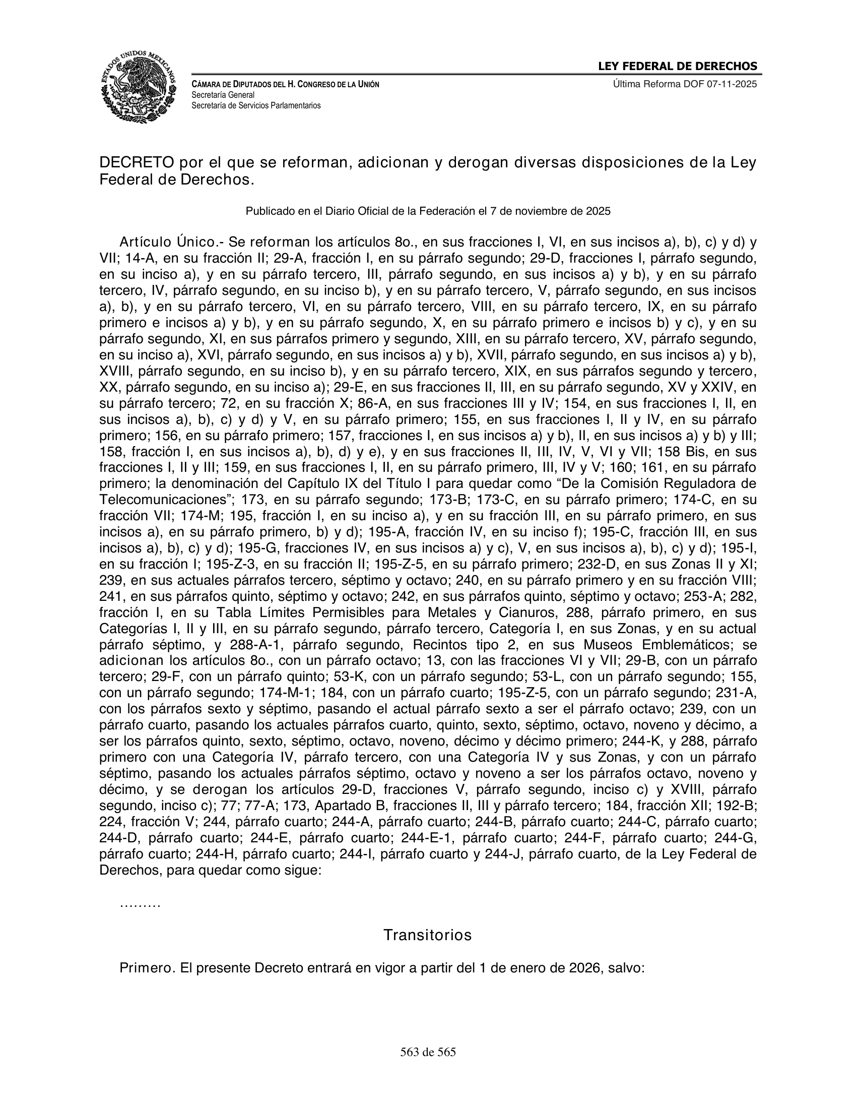 Ley Federal de Derechos — official Chamber compilation — original physical page 563 of 565; complete original page image governs, native search text may be incomplete.