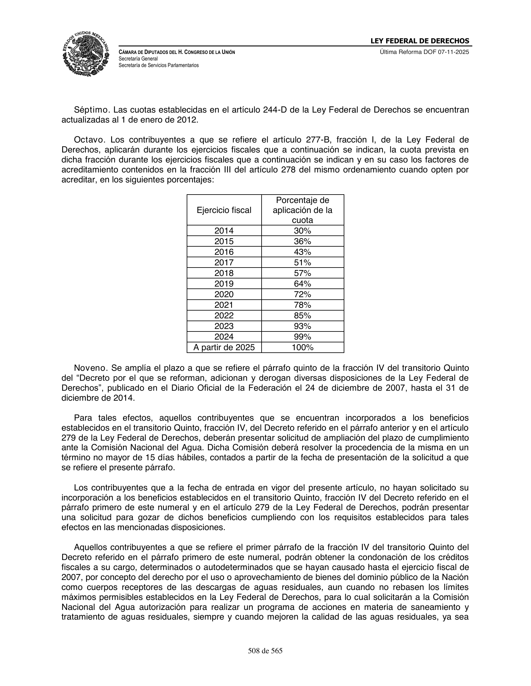 Ley Federal de Derechos — official Chamber compilation — original physical page 508 of 565; complete original page image governs, native search text may be incomplete.