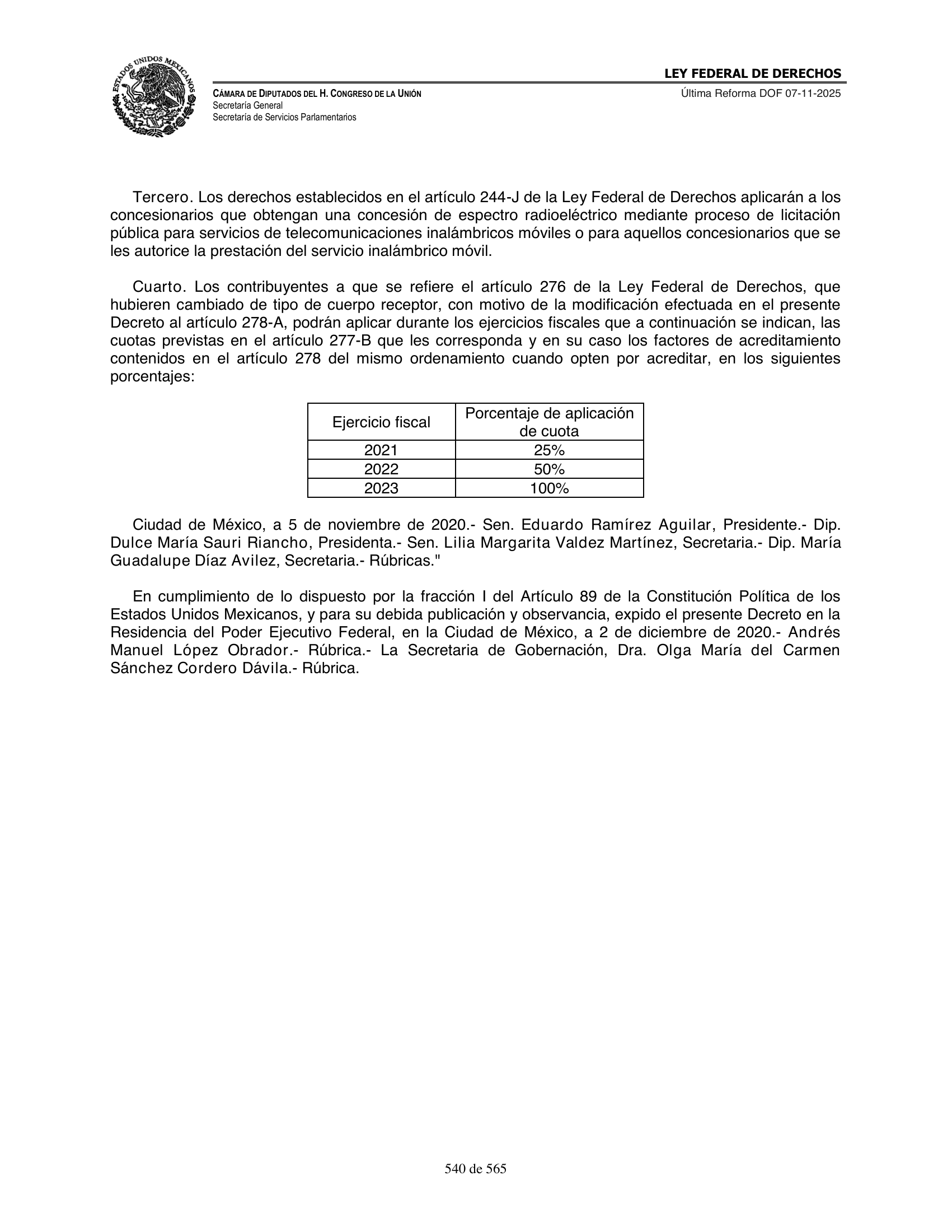 Ley Federal de Derechos — official Chamber compilation — original physical page 540 of 565; complete original page image governs, native search text may be incomplete.
