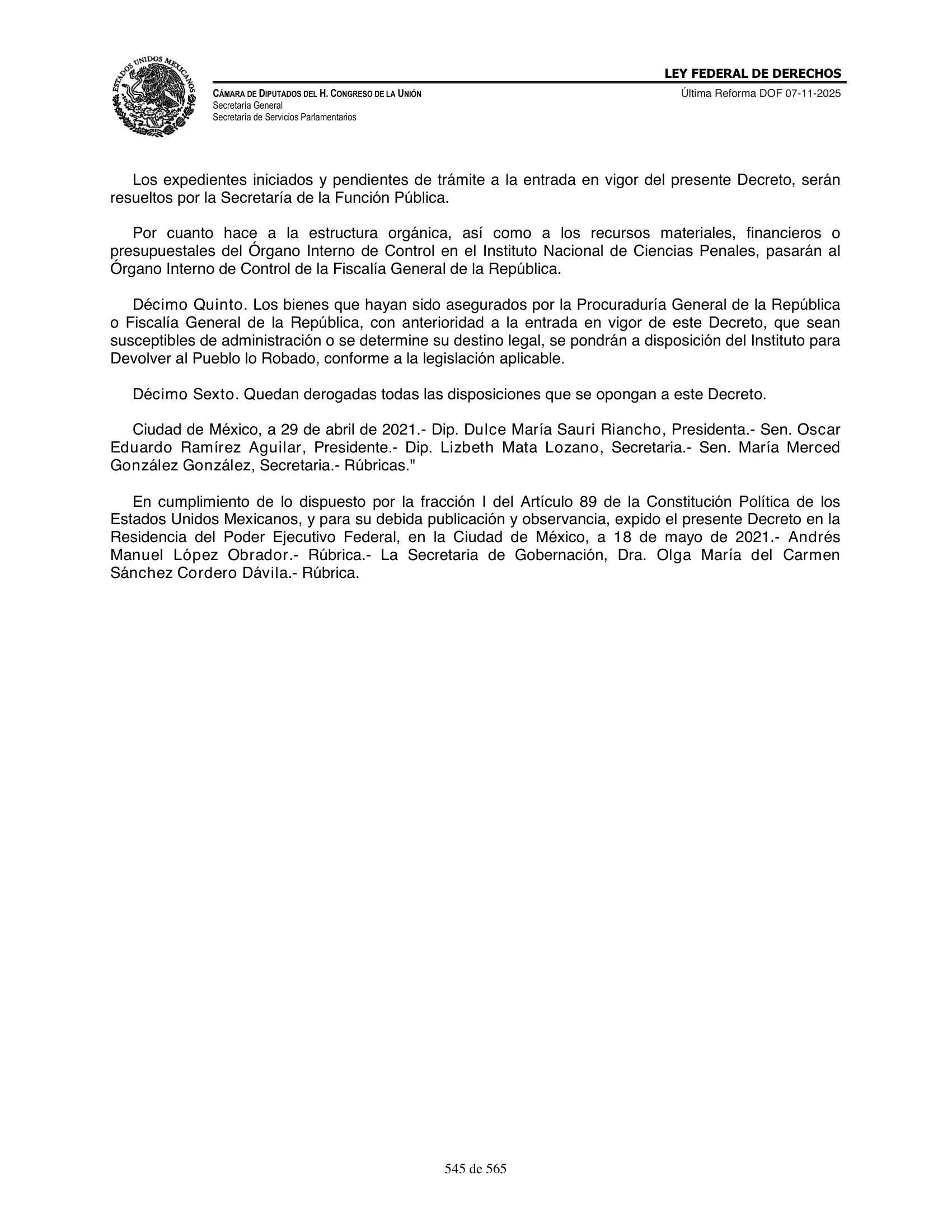 Ley Federal de Derechos — official Chamber compilation — original physical page 545 of 565; complete original page image governs, native search text may be incomplete.