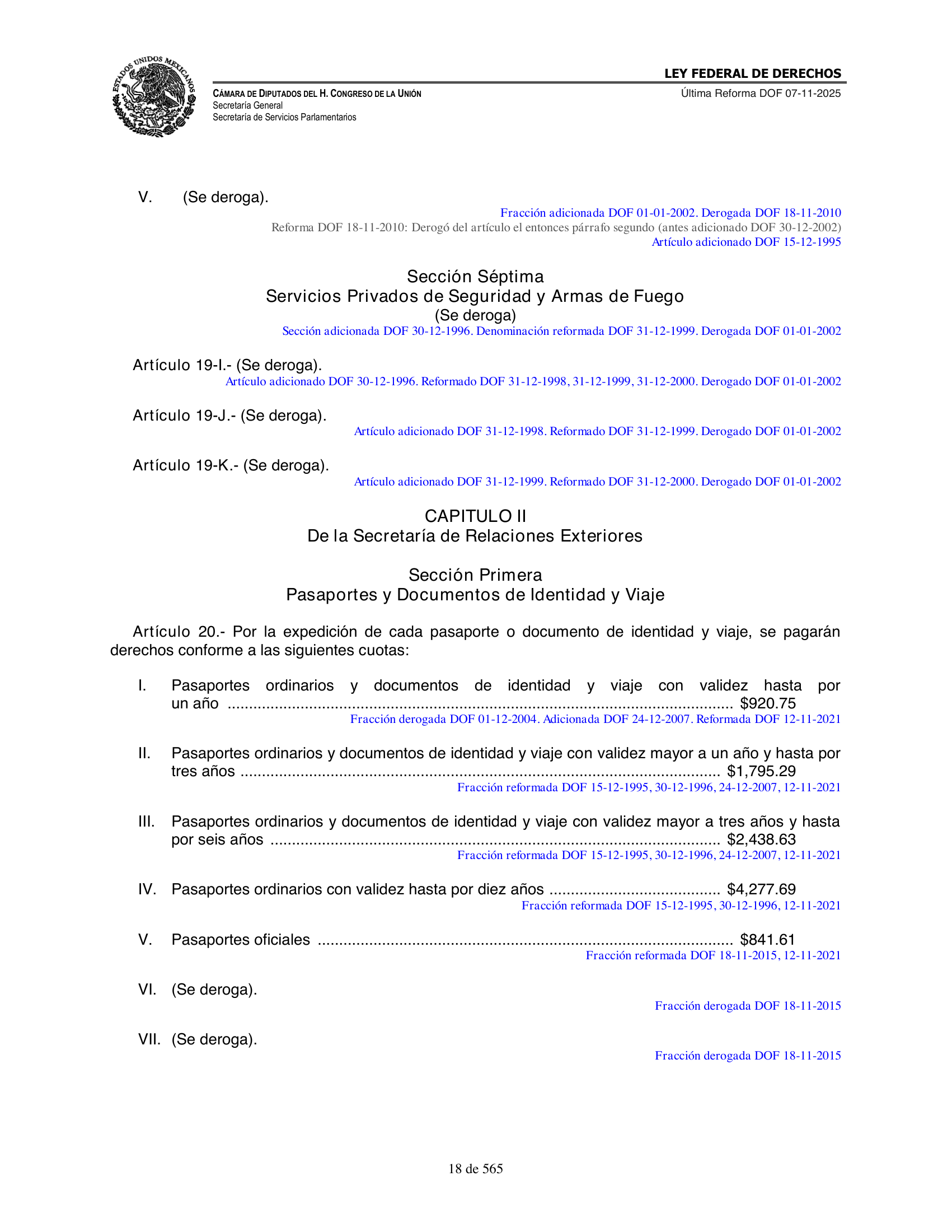 Ley Federal de Derechos — official Chamber compilation — original physical page 18 of 565; complete original page image governs, native search text may be incomplete.