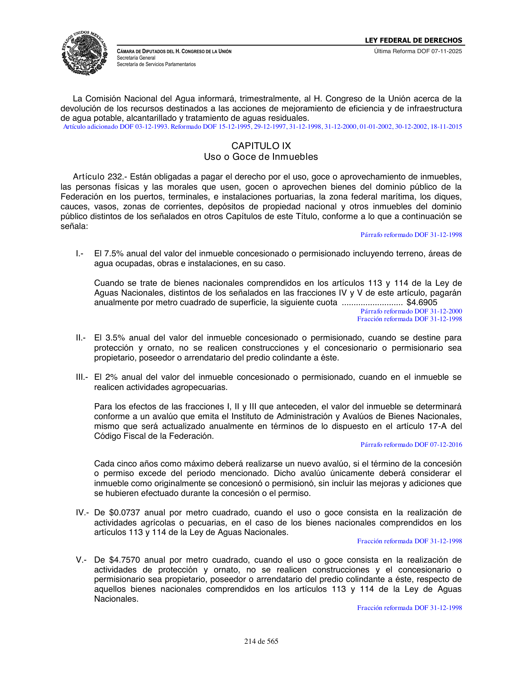 Ley Federal de Derechos — official Chamber compilation — original physical page 214 of 565; complete original page image governs, native search text may be incomplete.