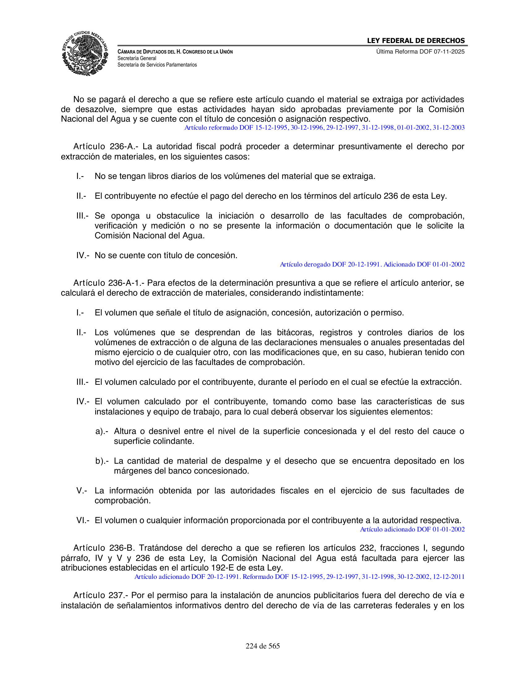 Ley Federal de Derechos — official Chamber compilation — original physical page 224 of 565; complete original page image governs, native search text may be incomplete.