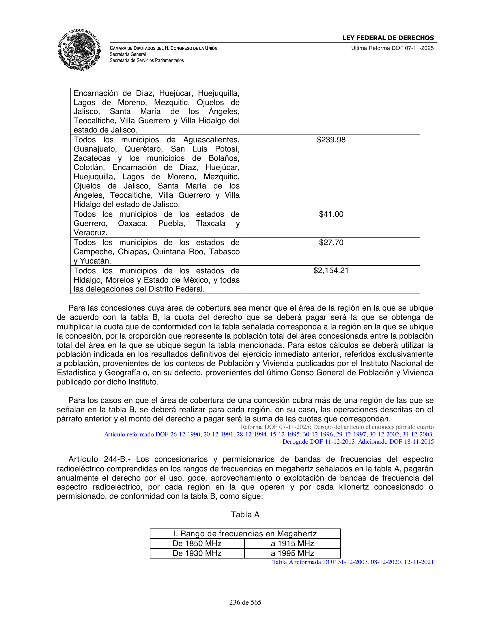 Ley Federal de Derechos — official Chamber compilation — original physical page 236 of 565; complete original page image governs, native search text may be incomplete.