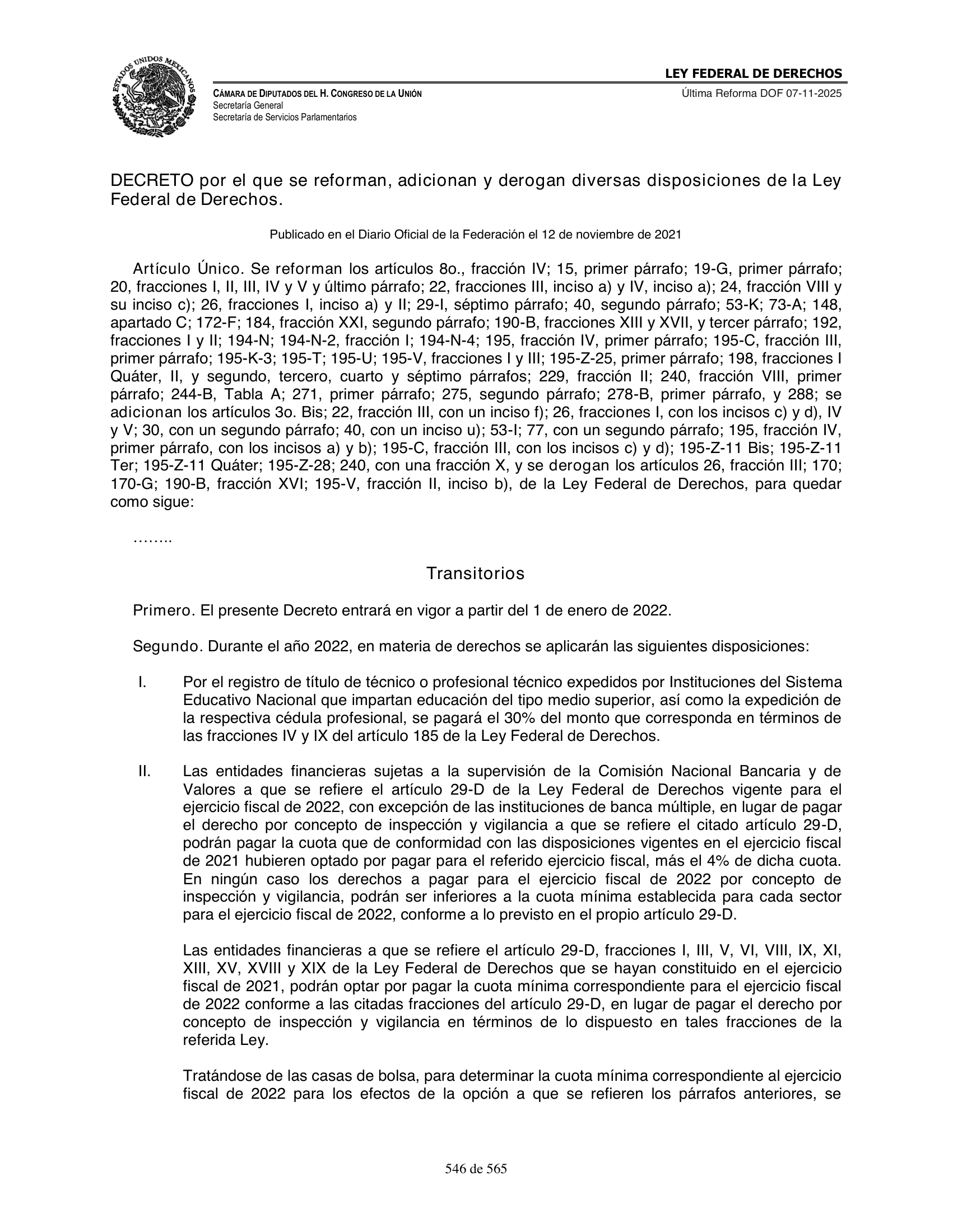 Ley Federal de Derechos — official Chamber compilation — original physical page 546 of 565; complete original page image governs, native search text may be incomplete.