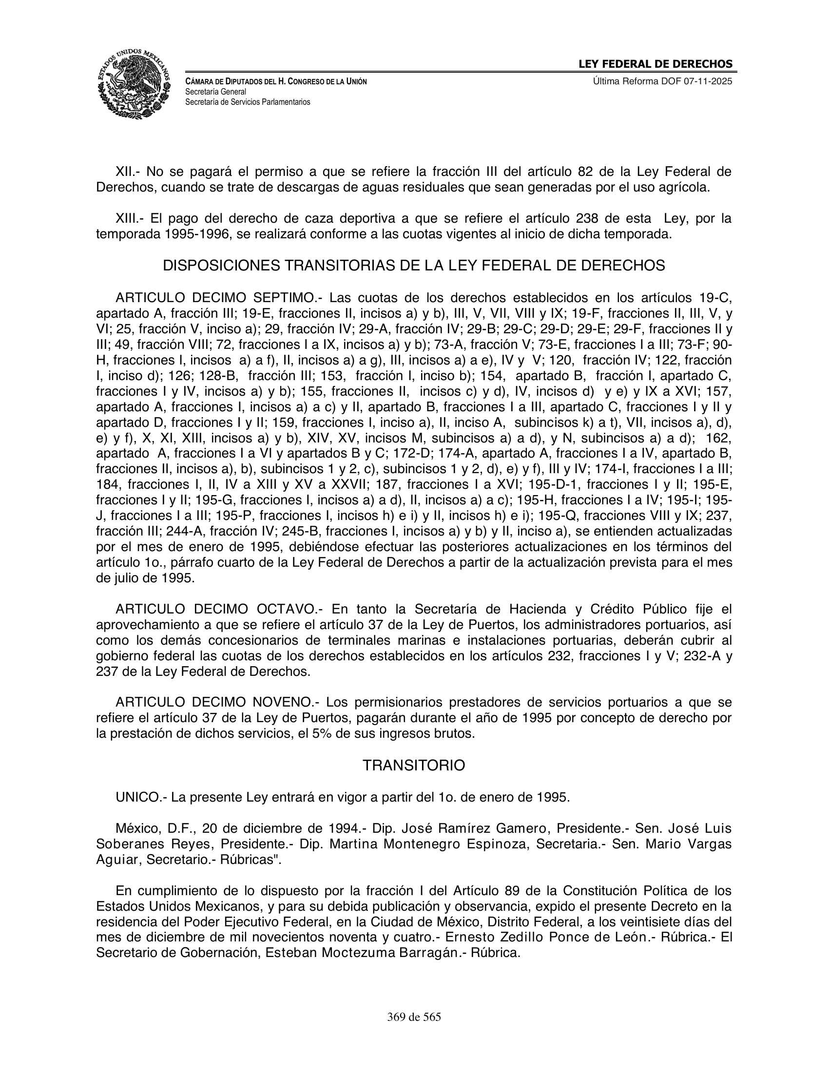 Ley Federal de Derechos — official Chamber compilation — original physical page 369 of 565; complete original page image governs, native search text may be incomplete.