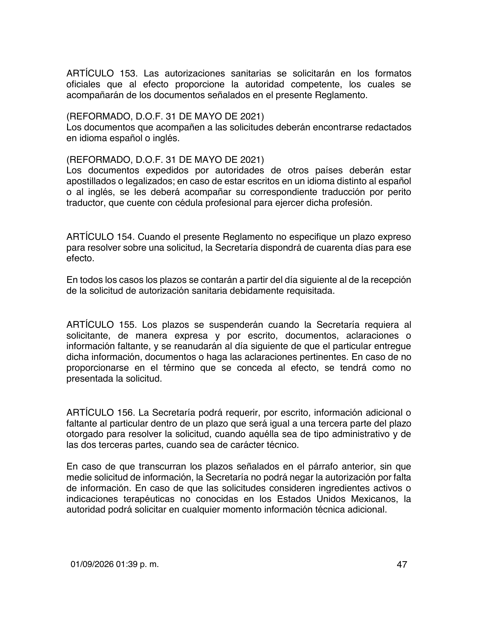 Reglamento de Insumos para la Salud — 2026 compiled expression — official PDF page 47