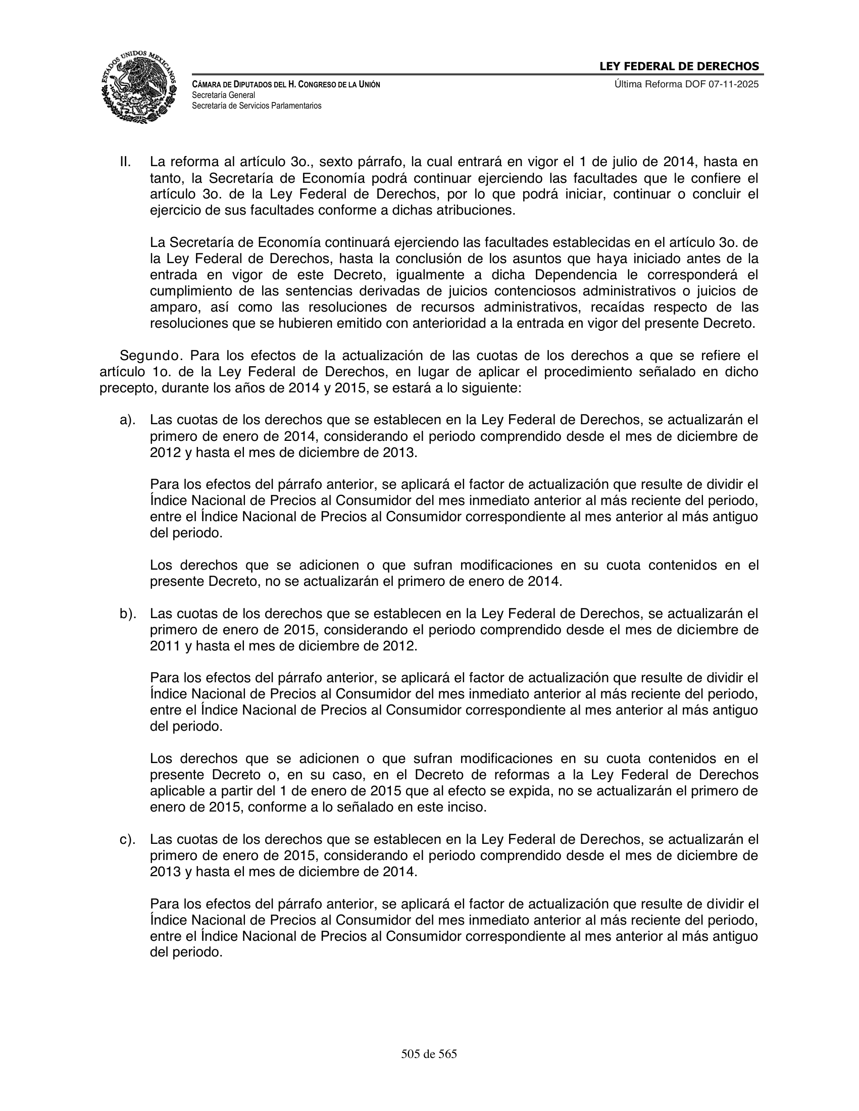 Ley Federal de Derechos — official Chamber compilation — original physical page 505 of 565; complete original page image governs, native search text may be incomplete.