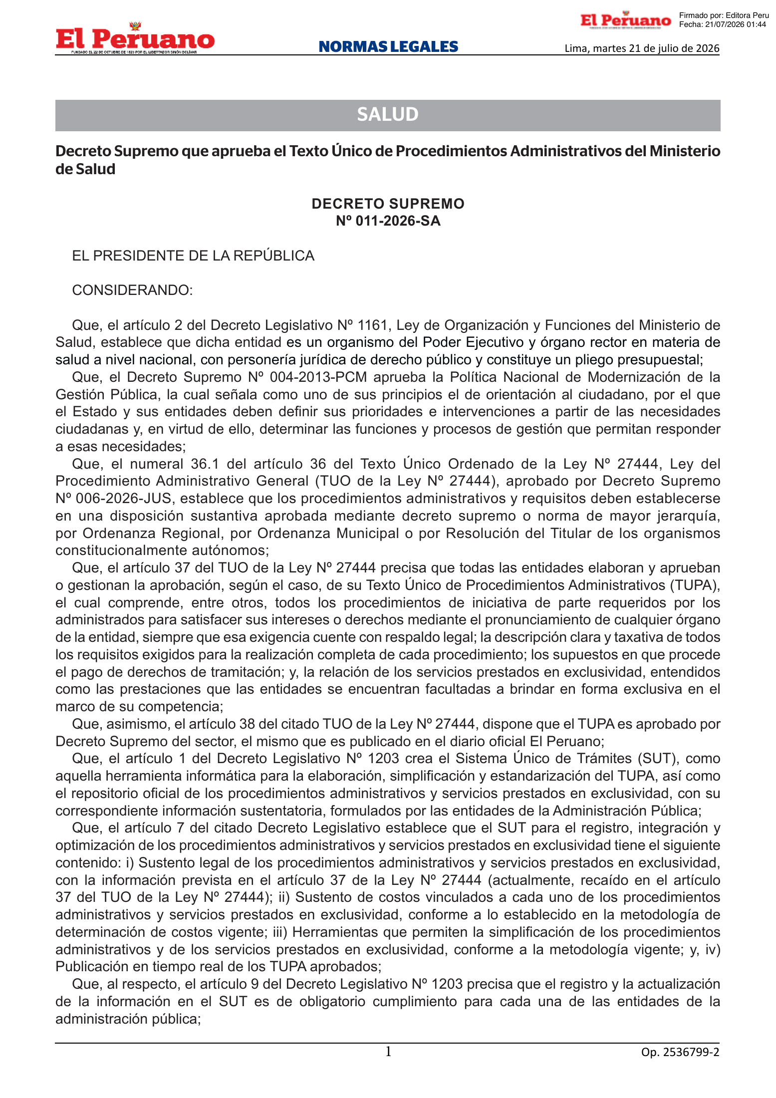 TUPA approved by D.S. 011-2026-SA, original PDF physical page 1