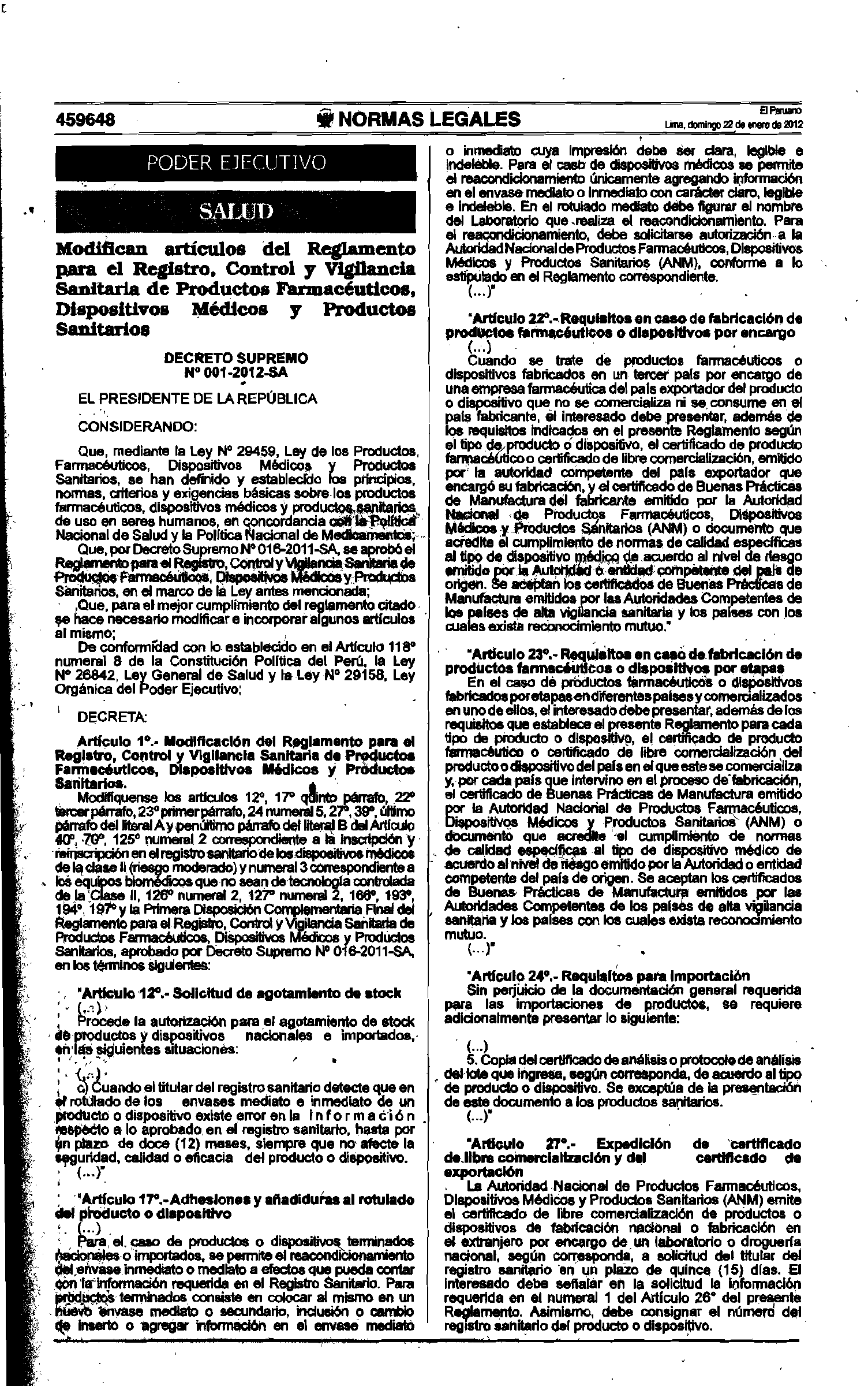 D.S. 001-2012-SA — original official PDF page 1; complete source layout retained