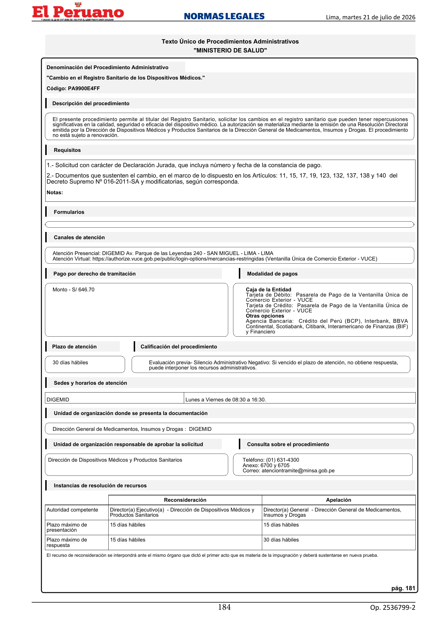TUPA approved by D.S. 011-2026-SA, original PDF physical page 184; printed TUPA page 181