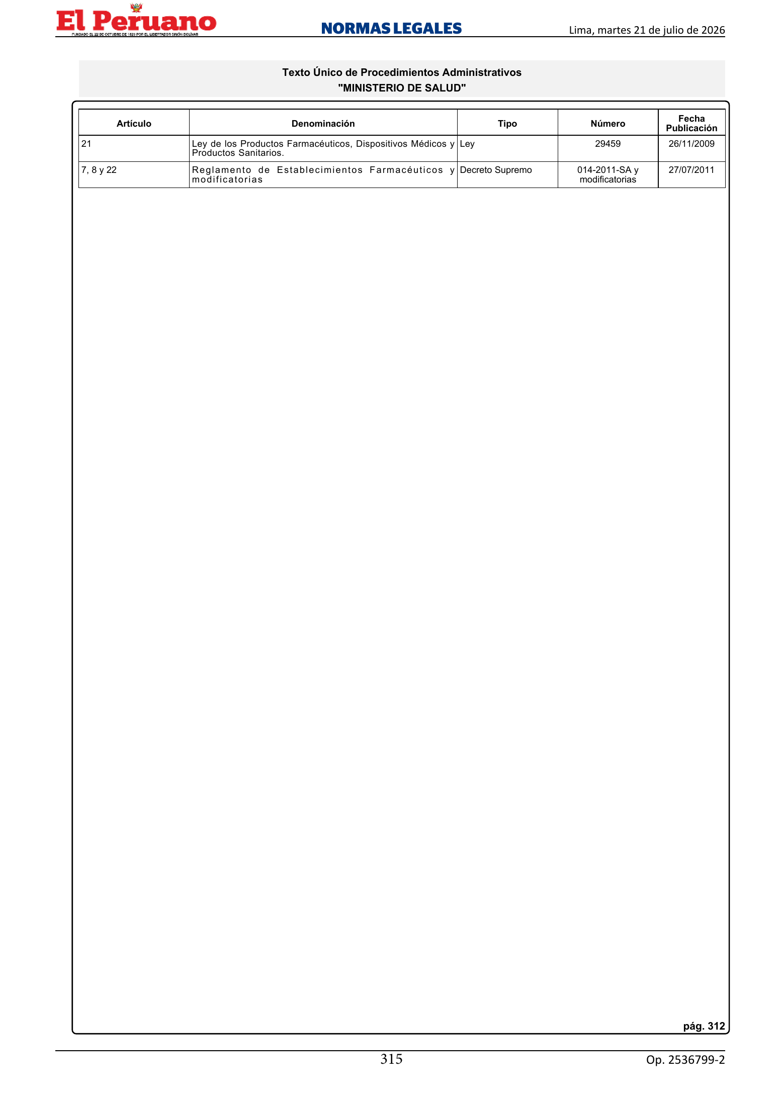 TUPA approved by D.S. 011-2026-SA, original PDF physical page 315; printed TUPA page 312