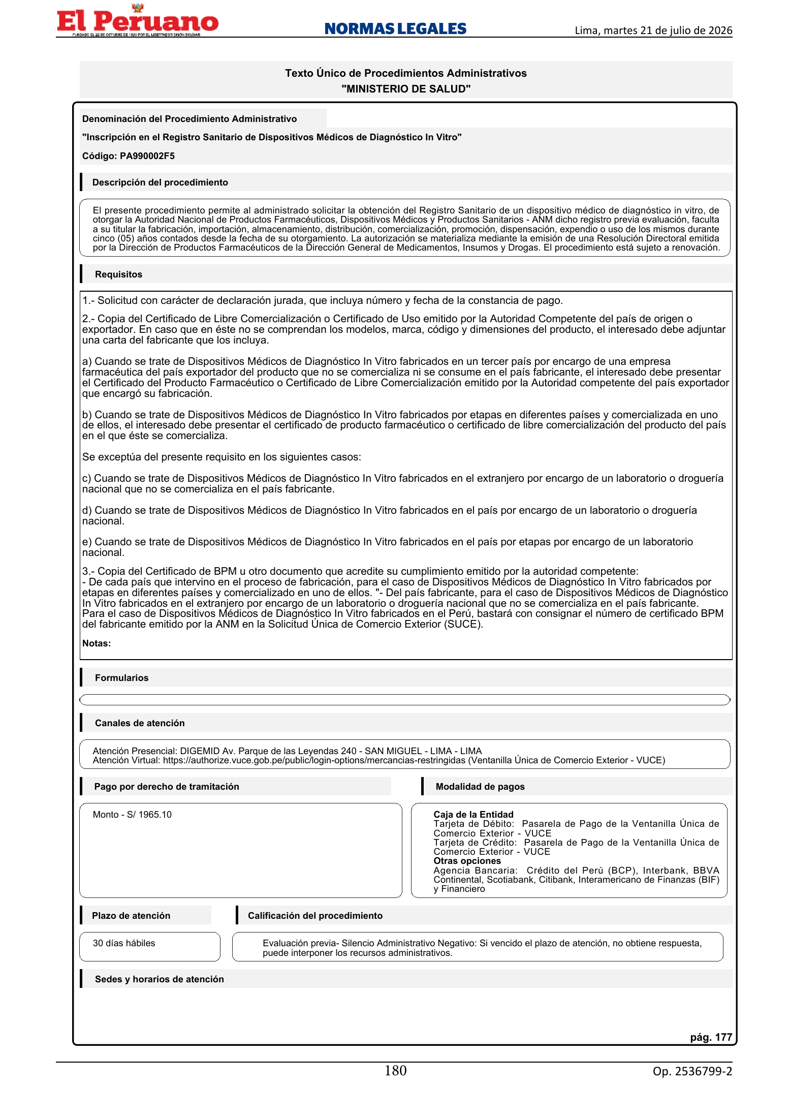 TUPA approved by D.S. 011-2026-SA, original PDF physical page 180; printed TUPA page 177