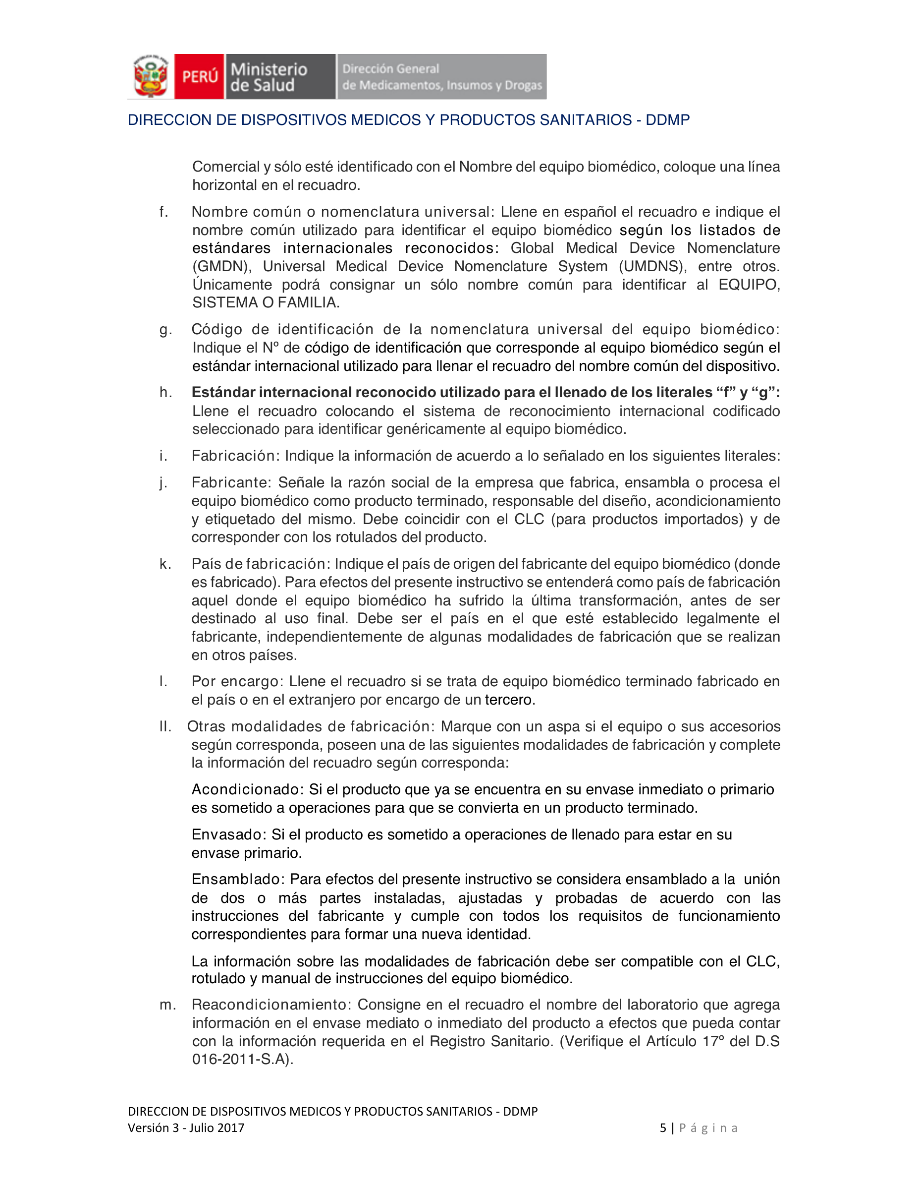 Instructivo de formato complementario — Versión3 (Julio2017) — original official PDF page 5; complete source layout retained