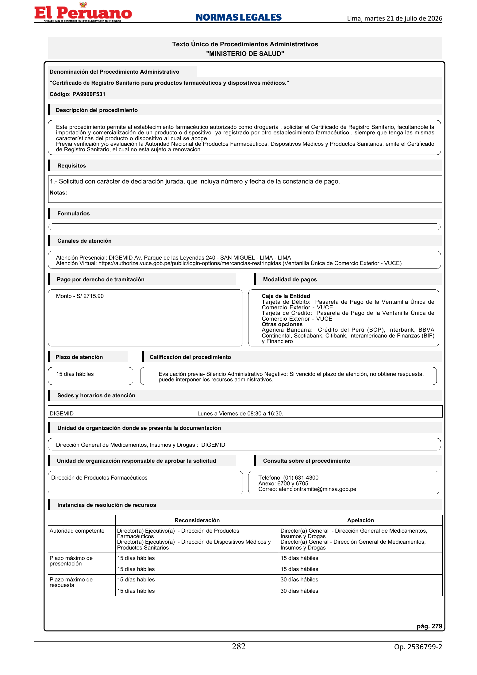 TUPA approved by D.S. 011-2026-SA, original PDF physical page 282; printed TUPA page 279